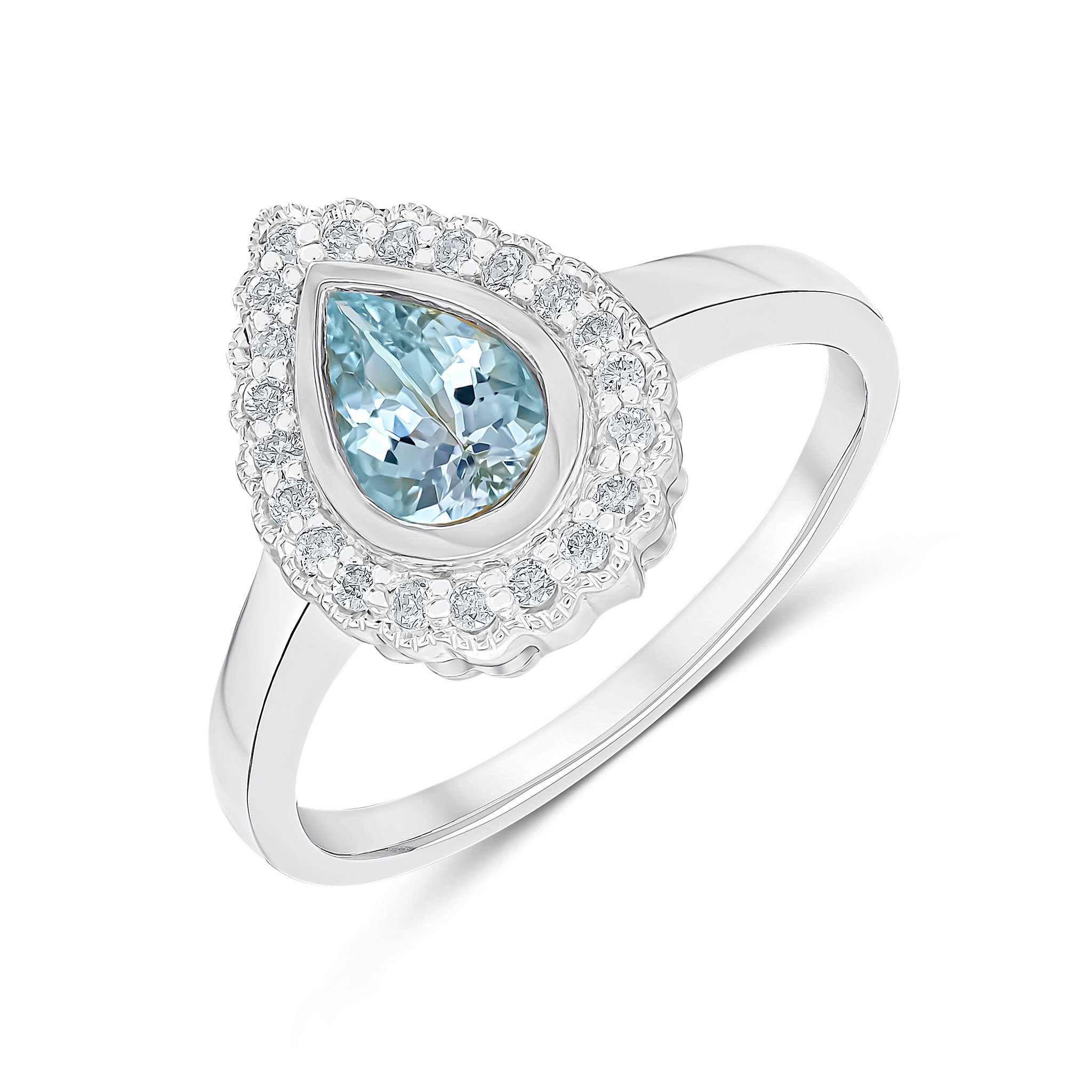 9ct White Gold Pear Shape Rubover Aquamarine and Milgrain Round Diamond Cluster Ring