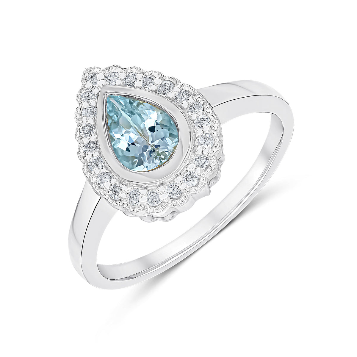 9ct White Gold Pear Shape Rubover Aquamarine and Milgrain Round Diamond Cluster Ring