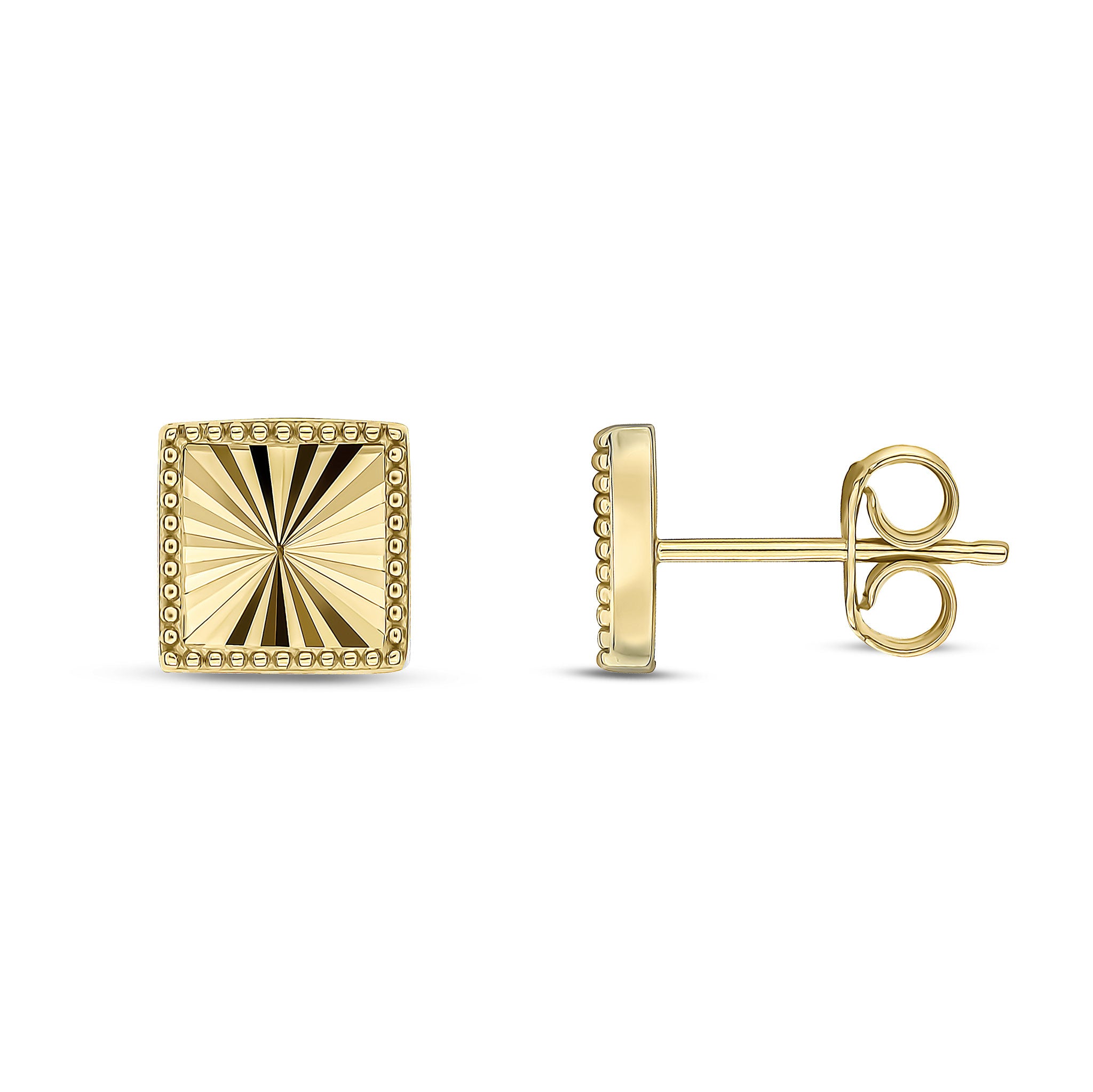 9ct yellow gold Diamond Cut Square Stud Earrings With Beaded Edge