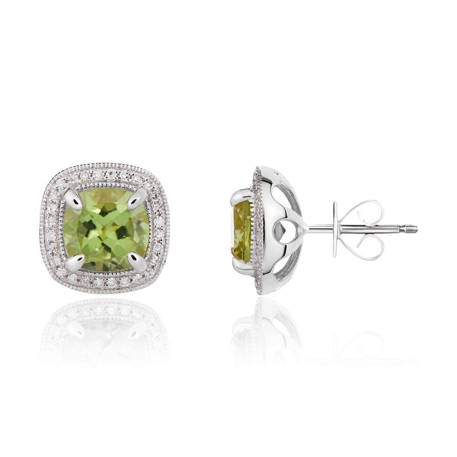 9ct White Gold 7mm Cushion Peridot and Diamond Cluster Earrings with Milgrain Edge