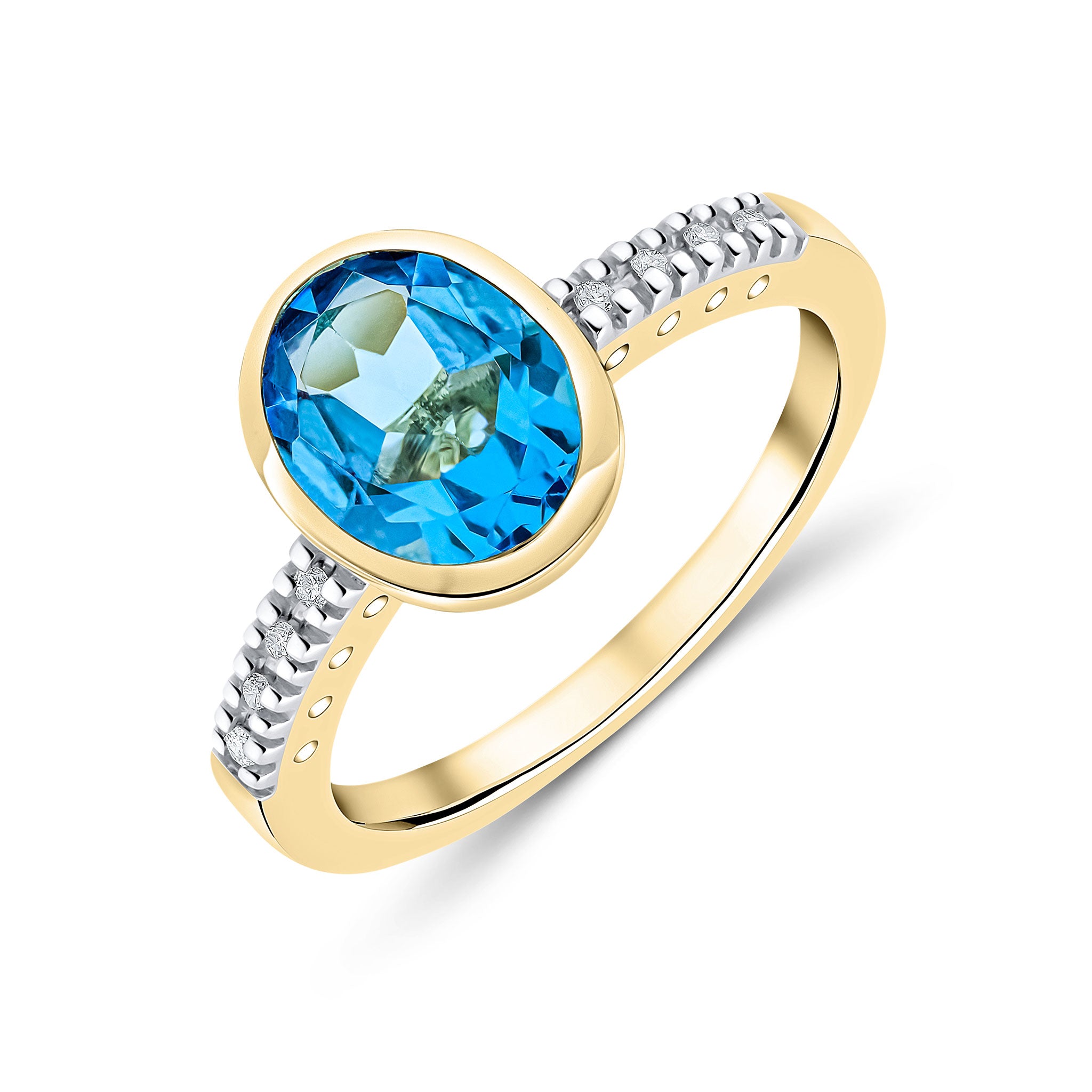 9CT YG RUBOVER 9X7 OVAL SWISS BLUE TOPAZ SINGLE STONE RING WITH CLAW SET DIAMOND SHOULDERS 1