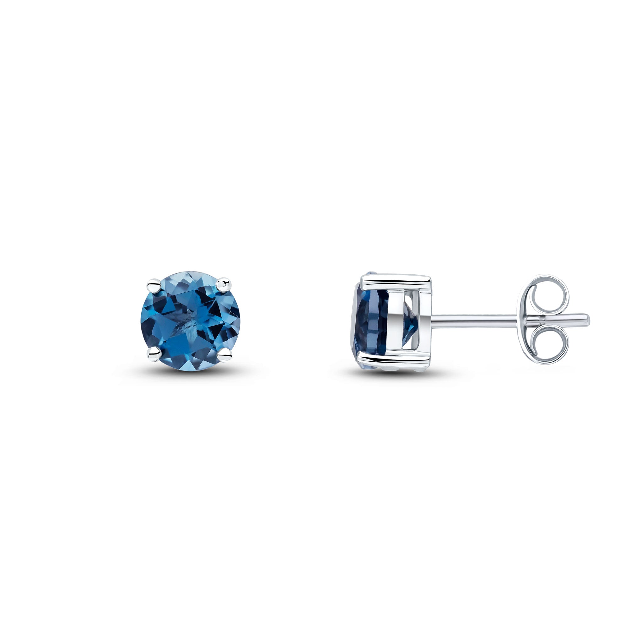 9ct White Gold 6mm Round London Blue Topaz 4 Claw Stud Earrings