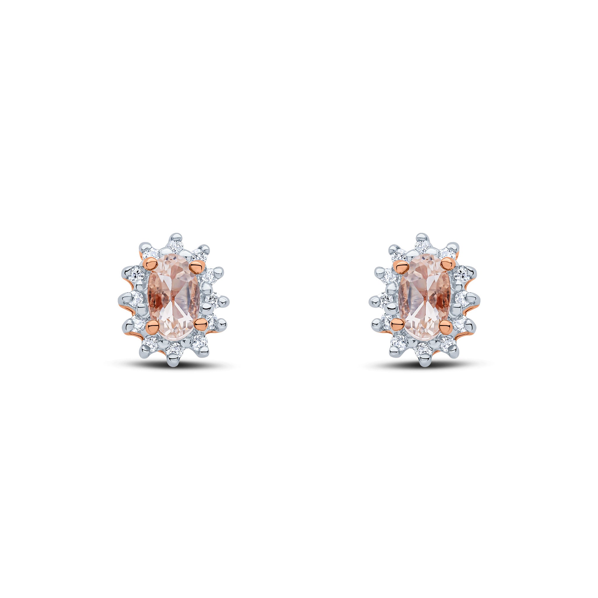 9ct Rose Gold 5x3 Oval Morganite & Diamond Claw Set Cluster Earrings Rhodium to Diamonds