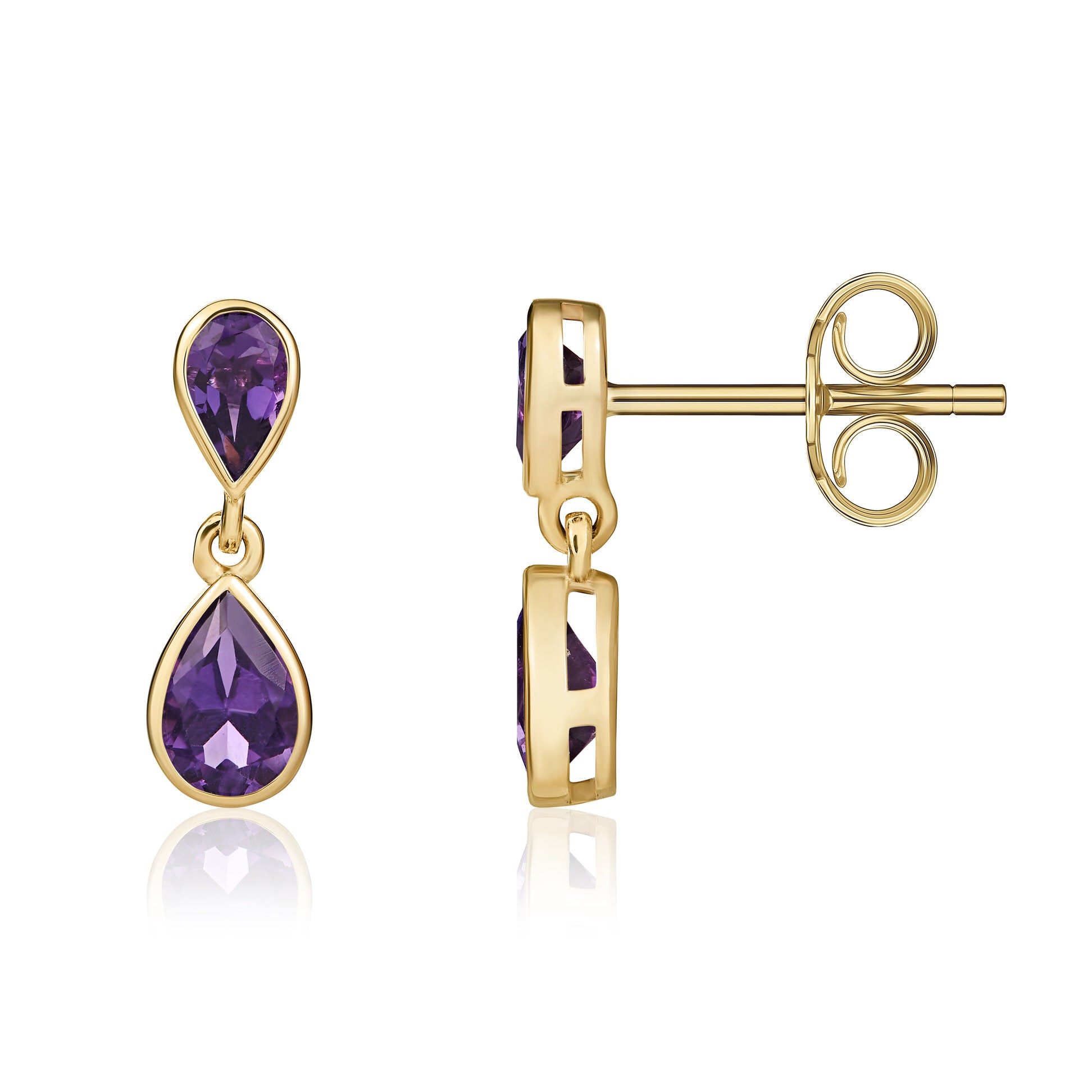 9ct Yellow Gold Pear Amethyst Double Drop Earrings