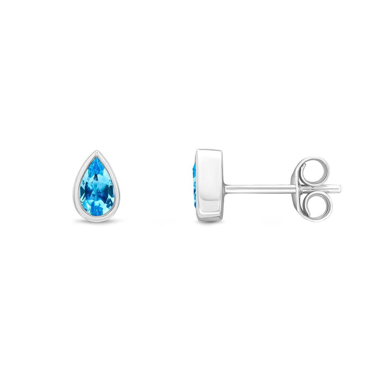 9ct White Gold 5x3 Pear Shape Swiss Blue Topaz Rubover Set Earrings
