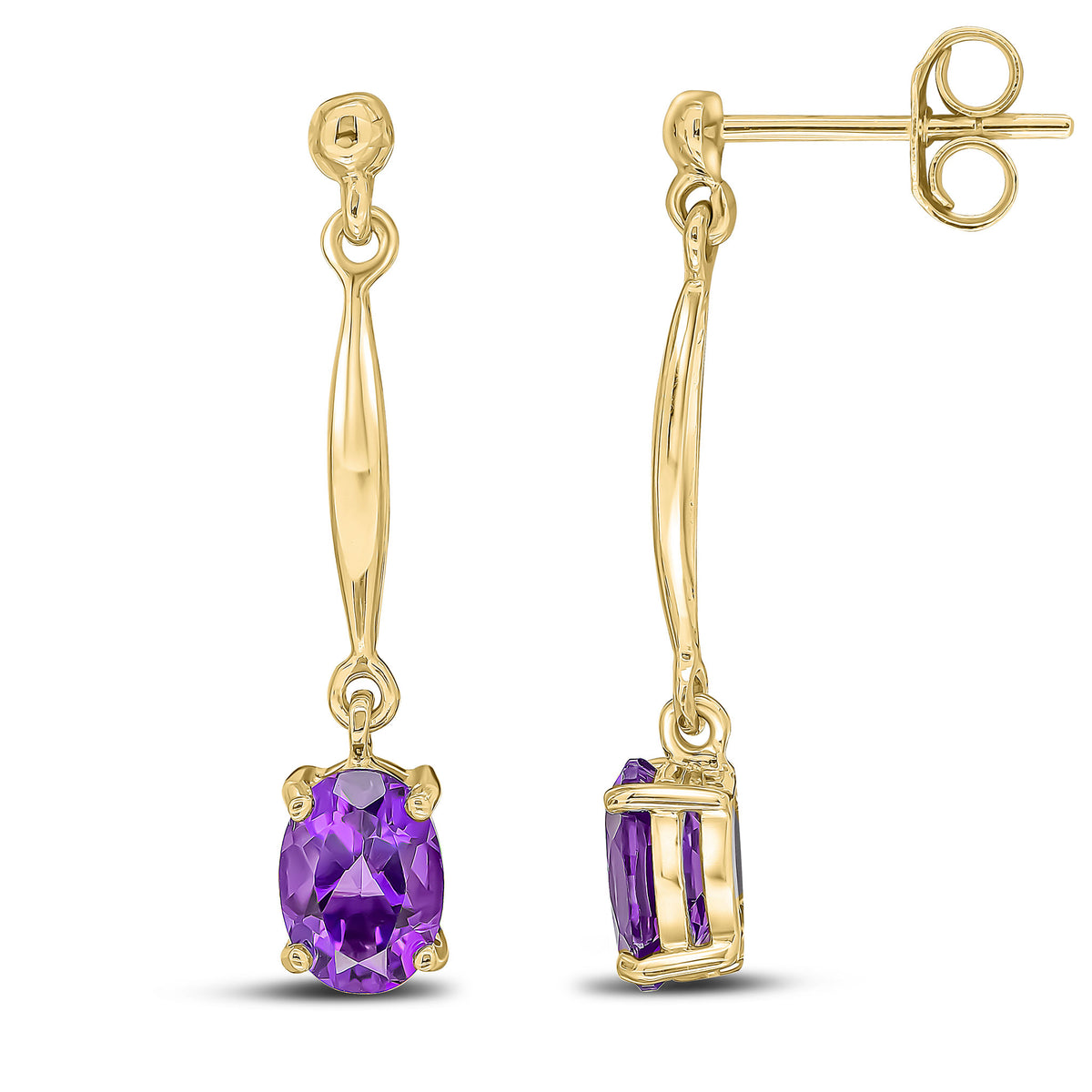 9ct Yellow Gold 7x5mm Oval Amethyst and Bar Drop Earrings with Bead Top