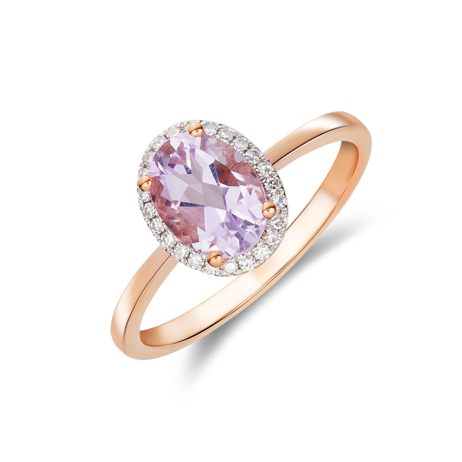 9CT RG 8X6 OVAL PINK AMETHYST & DIAMOND CLAW SET CLUSTER RING. RHODIUM TO DIAMONDS 1