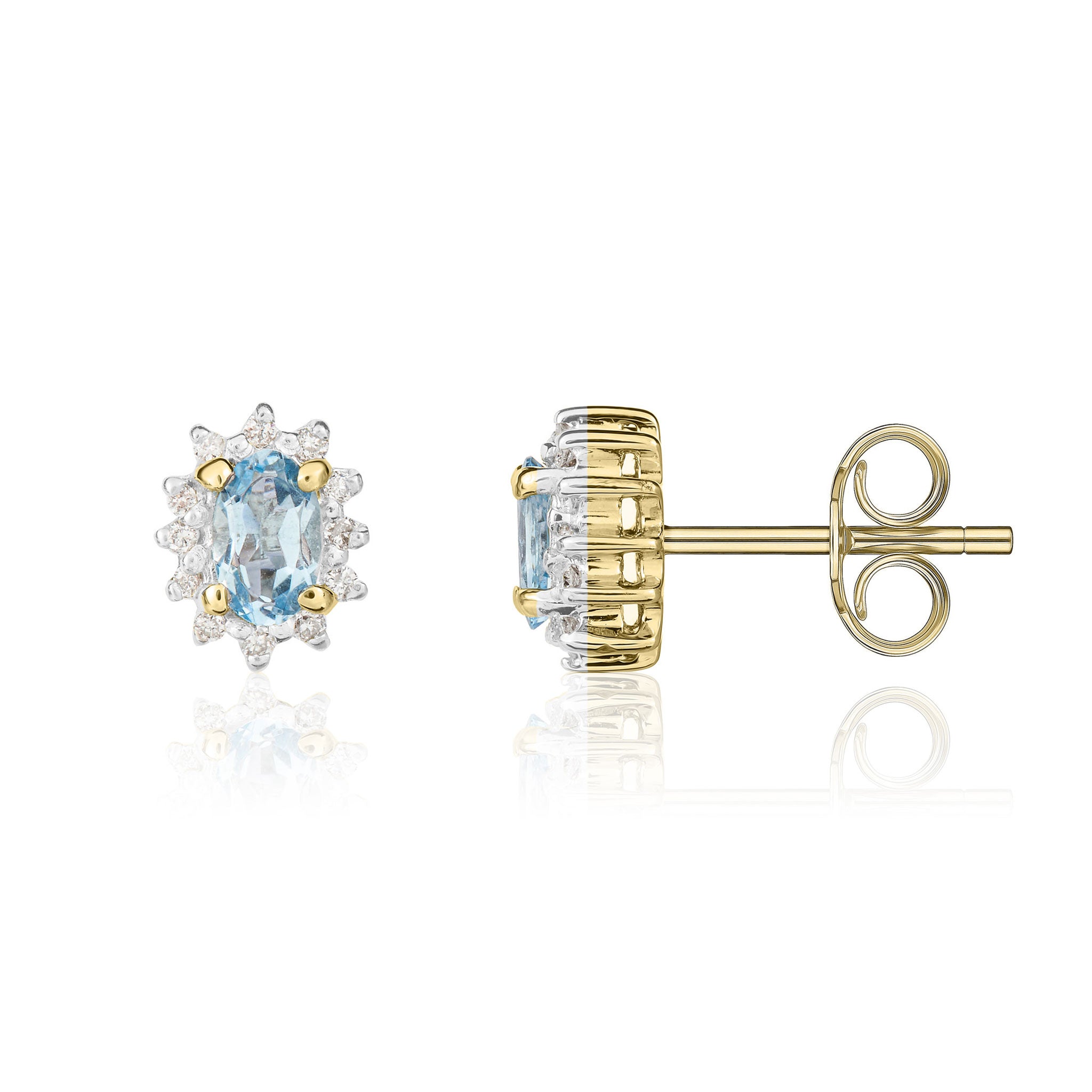 9ct Yellow Gold 5x3 Oval Aquamarine & Diamond Claw Set Cluster Earrings Rhodium to Diamonds