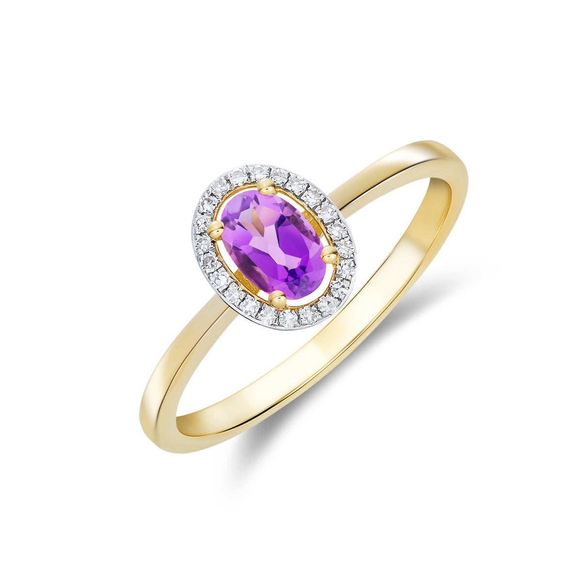9ct Yellow Gold 6x4 Oval Amethyst and Round Diamond Halo Cluster Ring