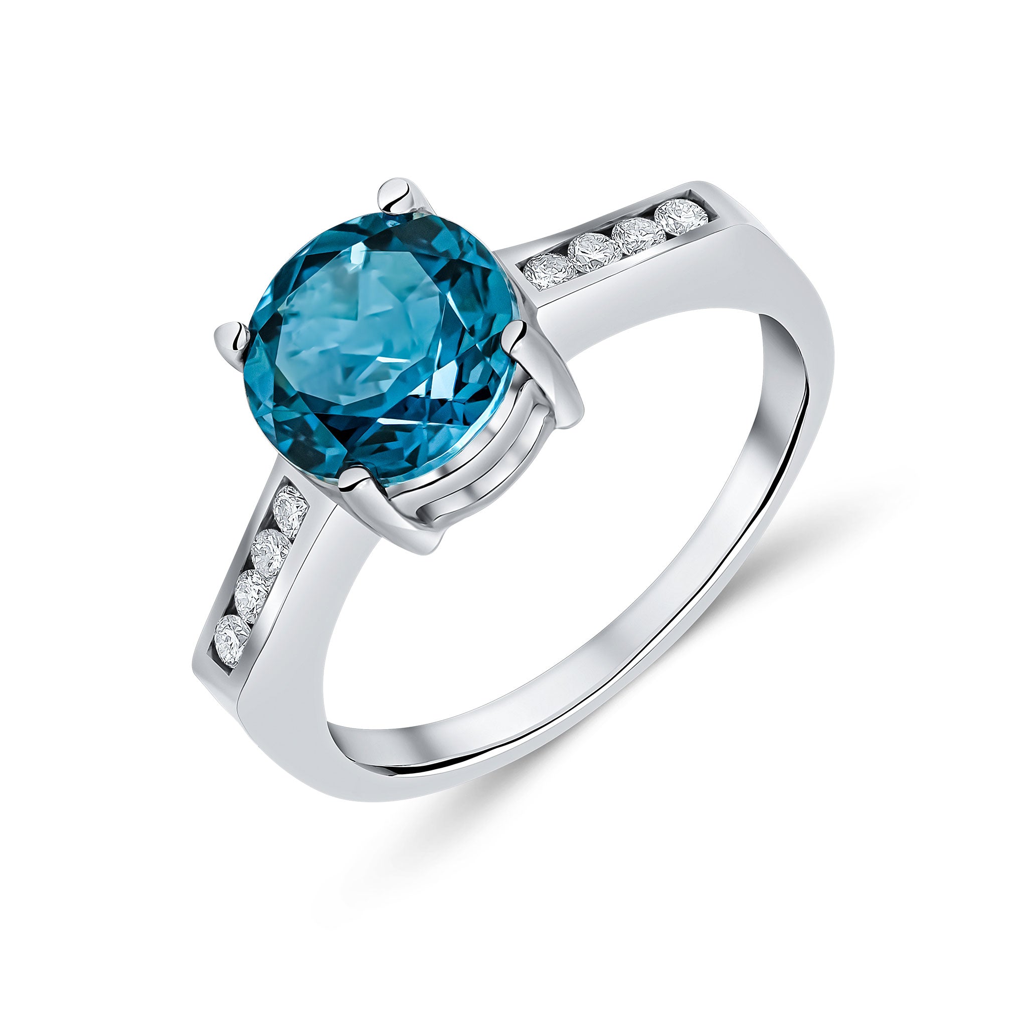 9ct White Gold Claw Set 8mm Round London Blue Topaz Single Stone Ring with Channel Set Diamond Shoulders