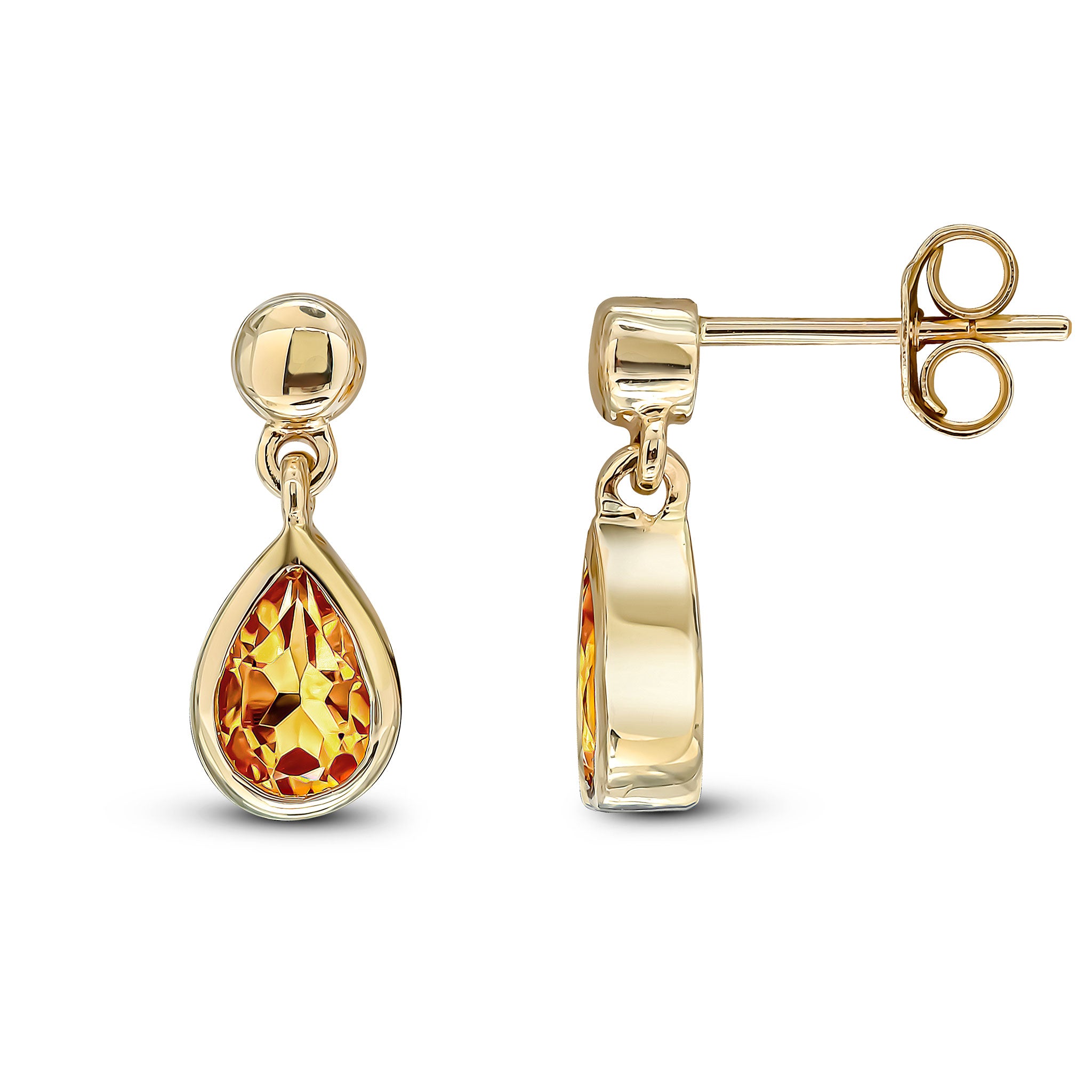 9ct Yellow Gold 6x4mm Pear Shape Citrine Rubover Drop Earrings with 3mm Bead Top