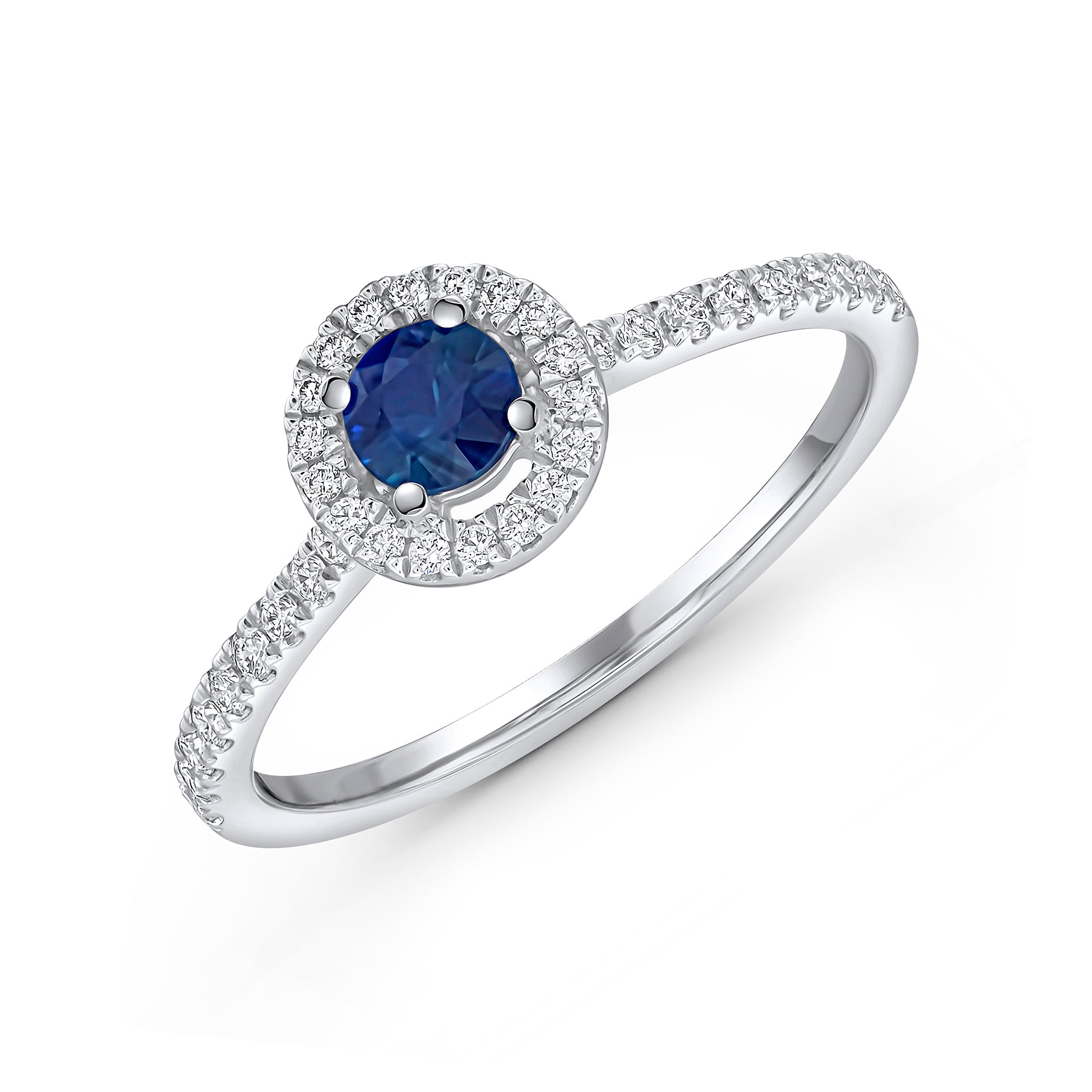 18wg Round Sapphire & Diamond Claw Set Cluster Ring Stones On Shoulder