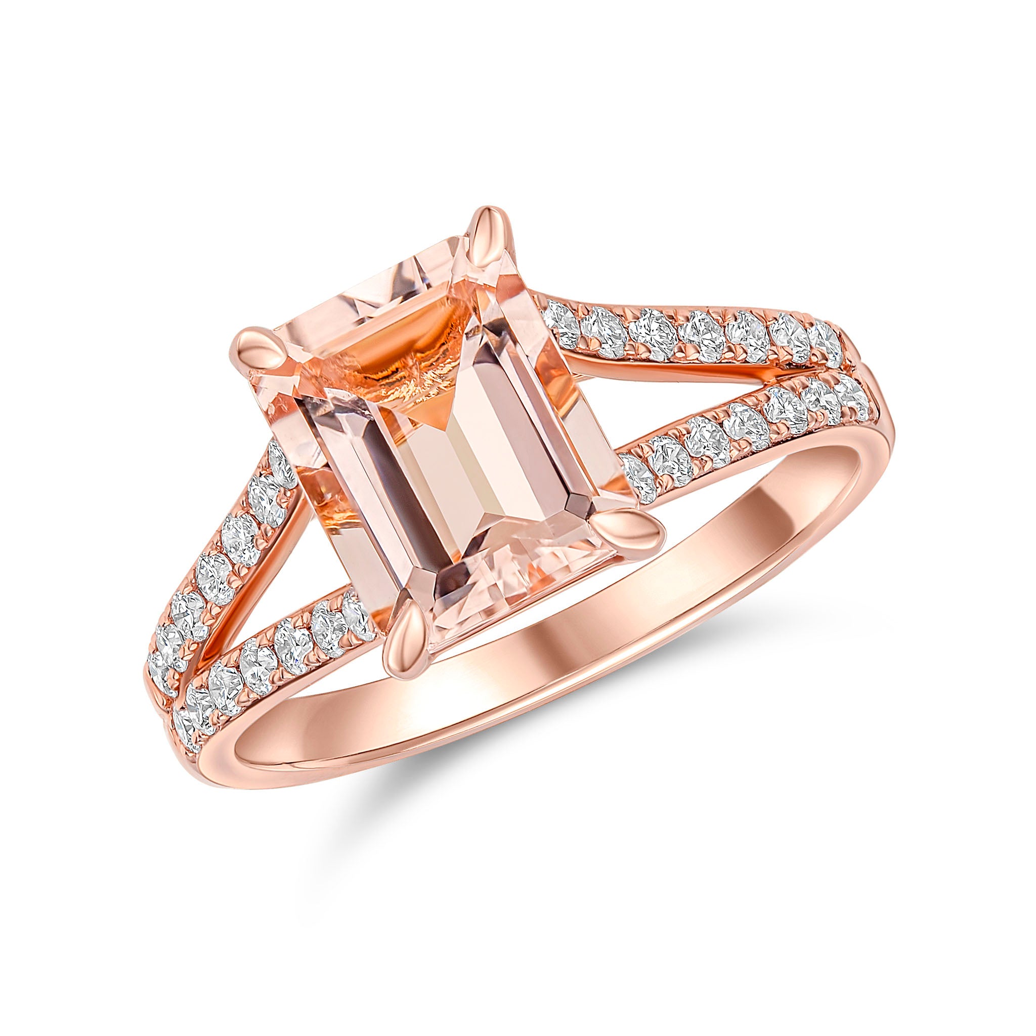 18ct Rose Gold Octagon Morganite Single Stone Ring with Diamond Set Split Shoulders
