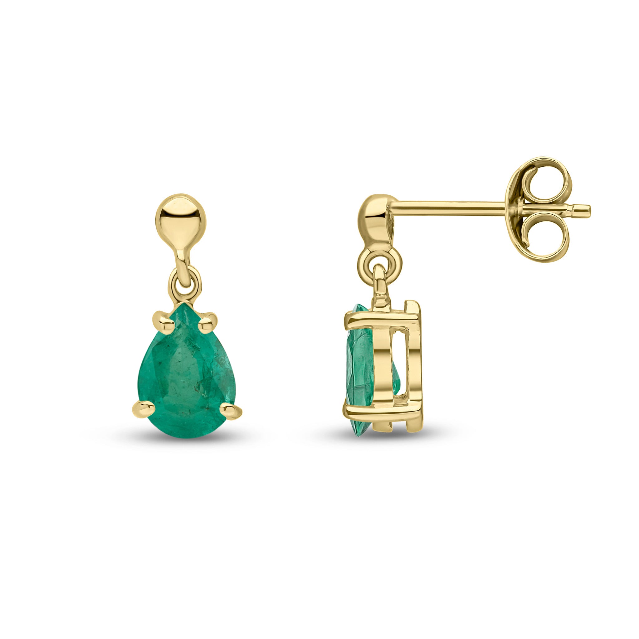 9ct Yellow Gold 7x5 Pear Shape Emerald Claw Set Drop Earrings with Bead Top