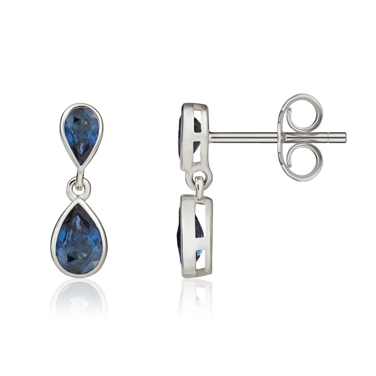 9ct White Gold Pear Shape Sapphire 2 Stone Rubover Drop Earrings