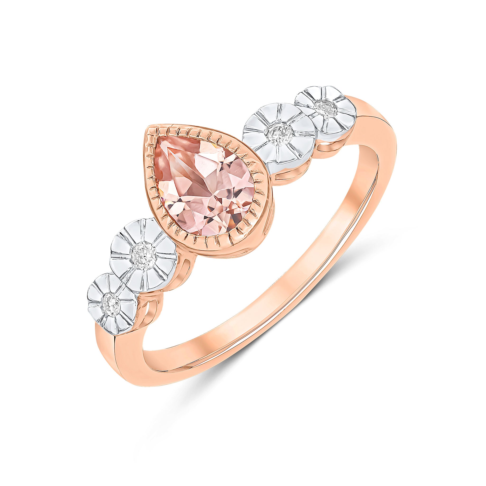 9ct Rose Gold Milgrain Pear Shape Morganite and Illusion Set Round Diamond 4 Stone Shoulders Ring