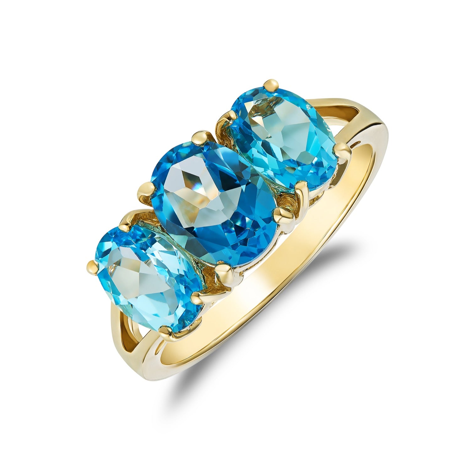 9ct Yellow Gold Oval Swiss Blue Topaz Claw Set 3 Stone Ring with Split Shoulders