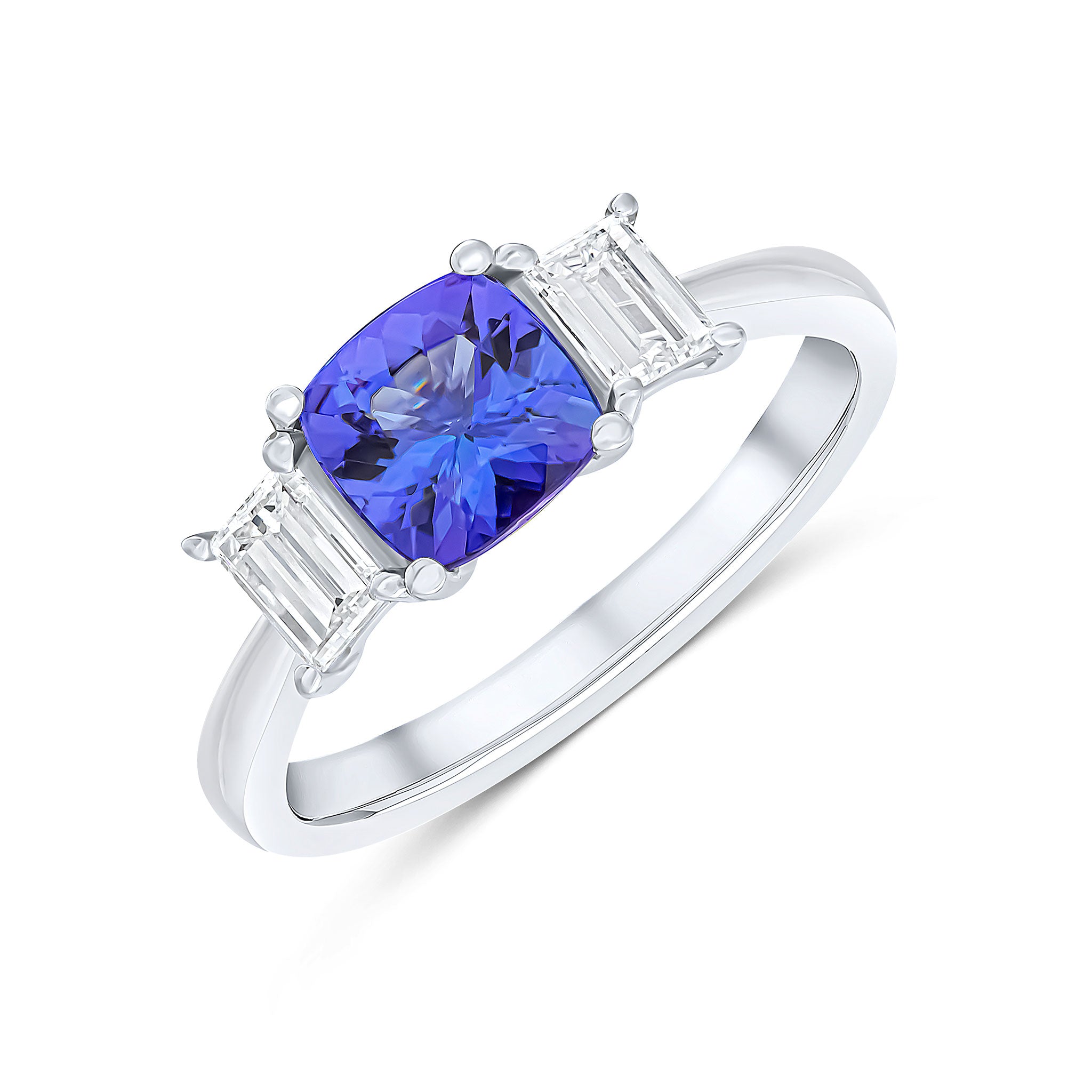 18ct White Gold 6mm Cushion Tanzanite and Baguette Diamond Claw Set 3 Stone Ring