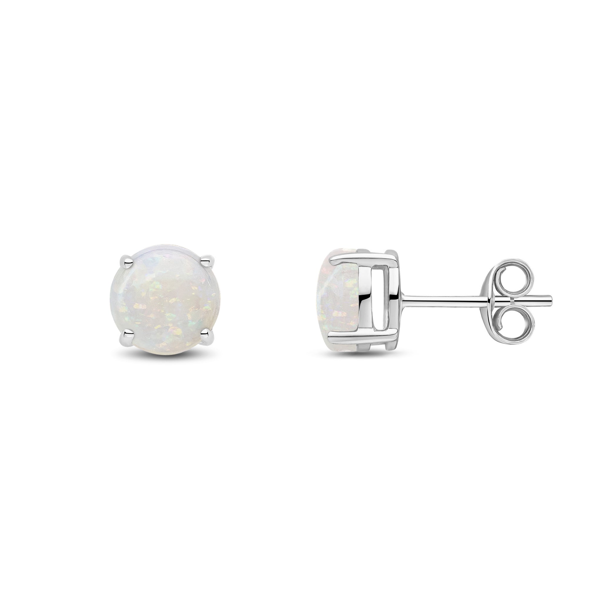 9ct White Gold 7mm Round Opal Claw Set Earrings