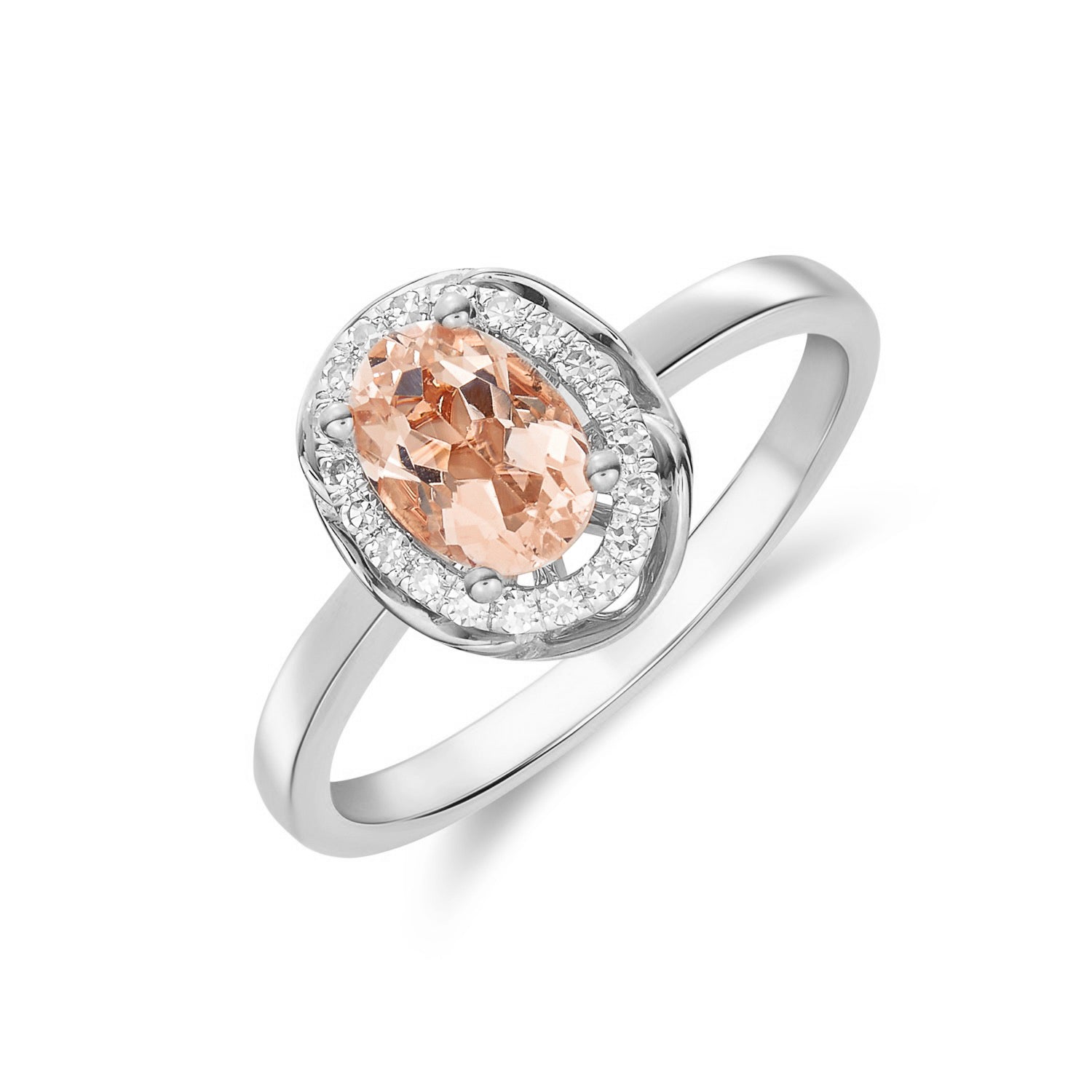 9CT WG 7X5 OVAL MORGANITE & DIAMOND CLUSTER RING WITH ROPE EDGE 1