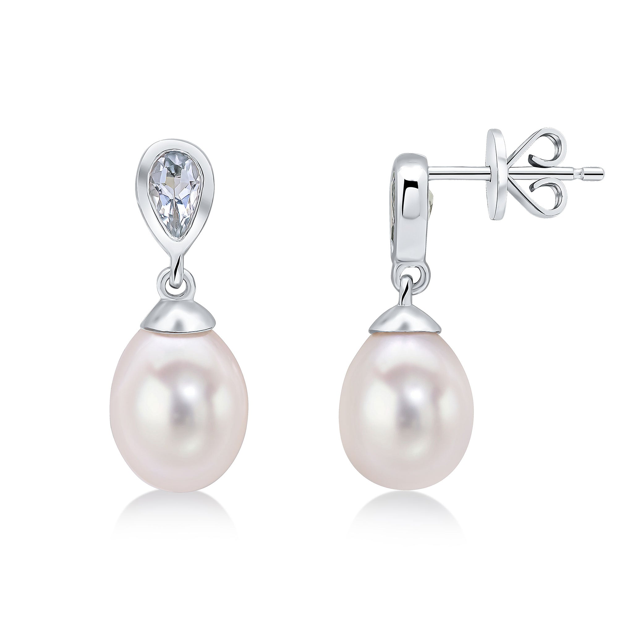 9ct White Gold Pearl & Single Pear Shape Aquamarine Drop Earrings