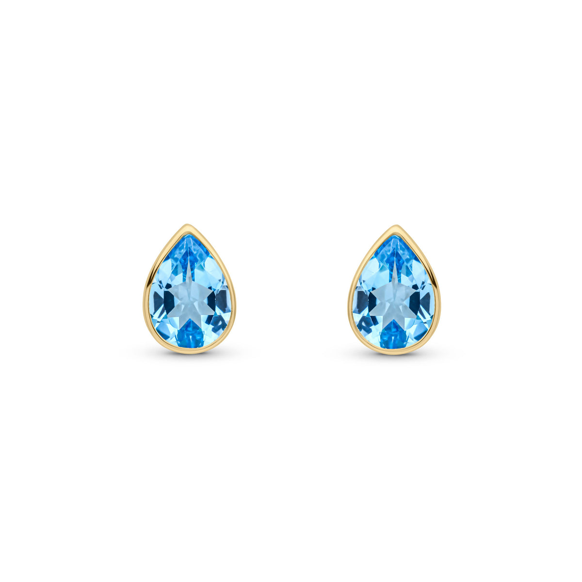 9ct Yellow Gold 7x5 Pear Shape Swiss Blue Topaz Rubover Set Earrings