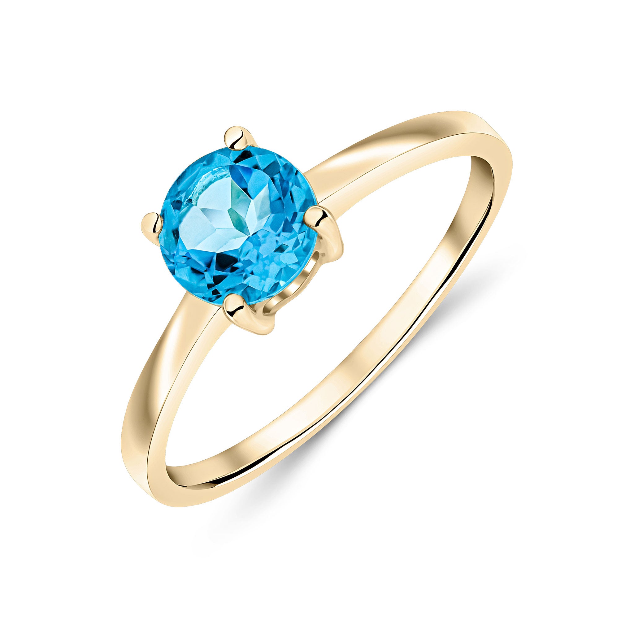 9CT YG 6MM ROUND SWISS BLUE TOPAZ 4 CLAW SINGLE STONE RING 1