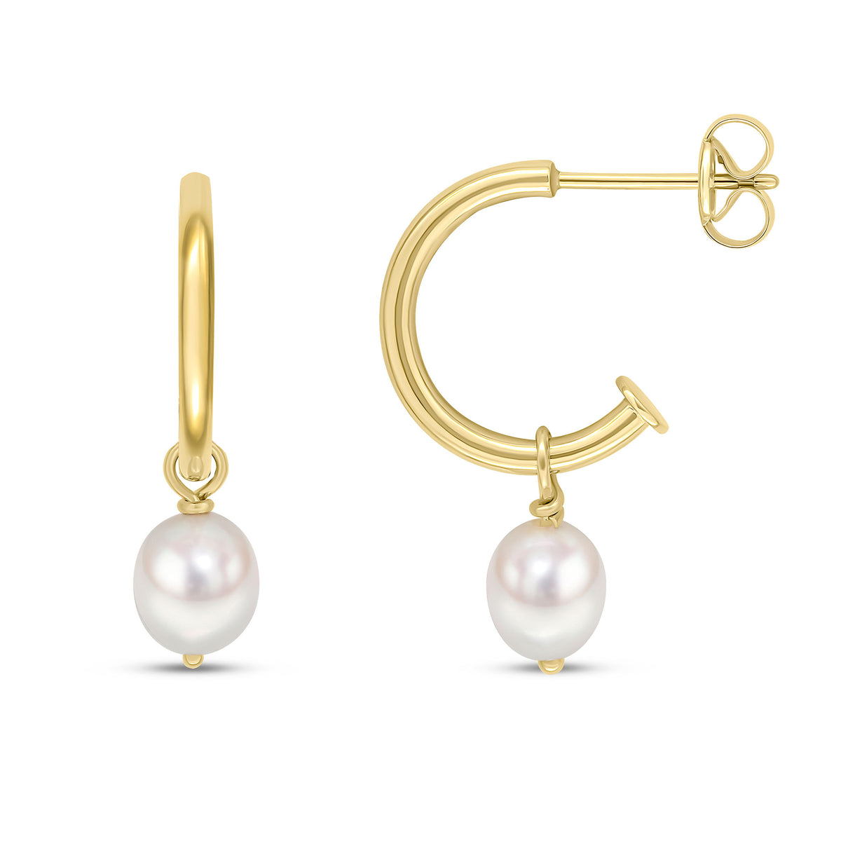 9ct Yellow Gold Polished Half Hoop Earrings with Detachable Pearl Drop