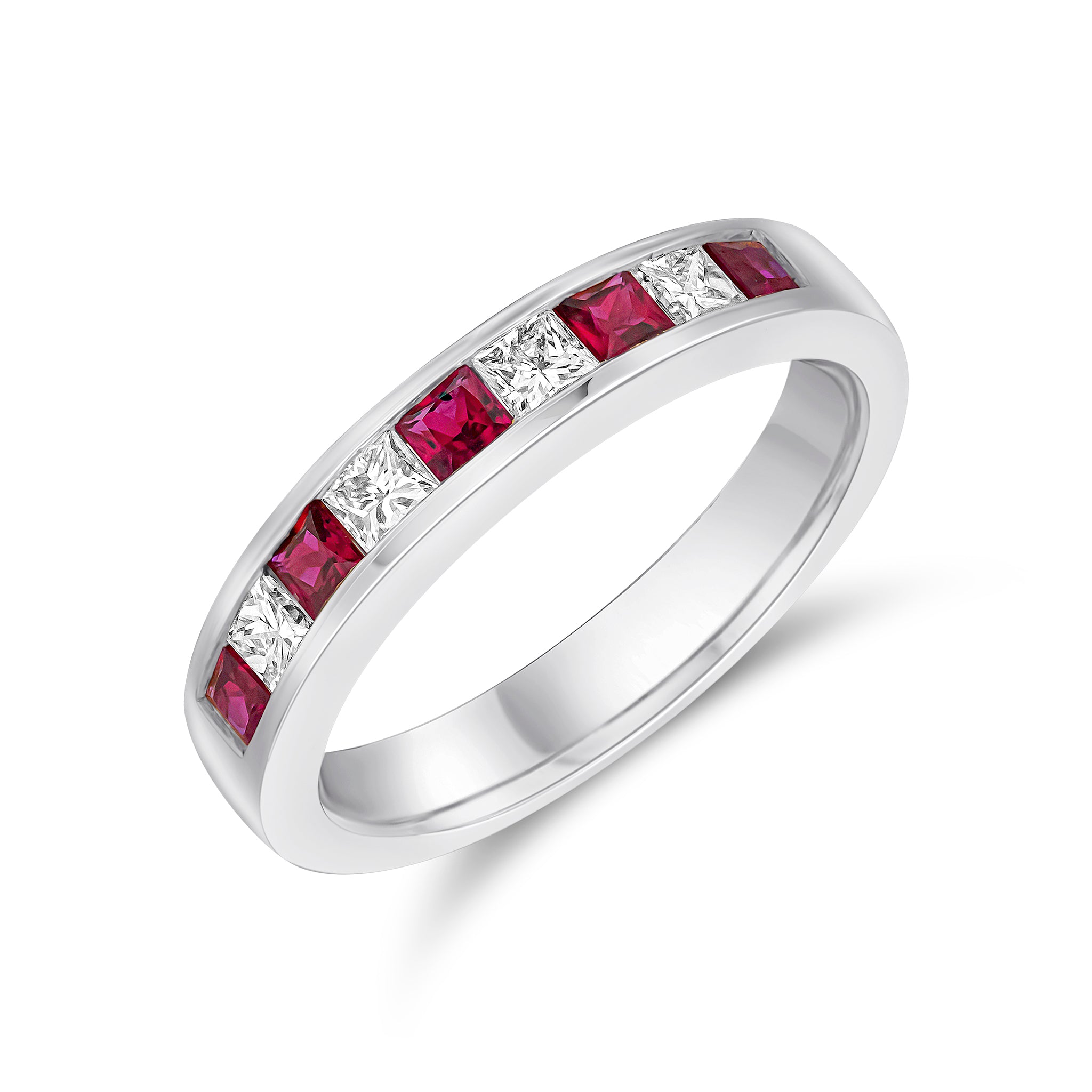 18ct White Gold Square Ruby & Princess Diamond 9 Stone Channel Set Half Eternity Ring