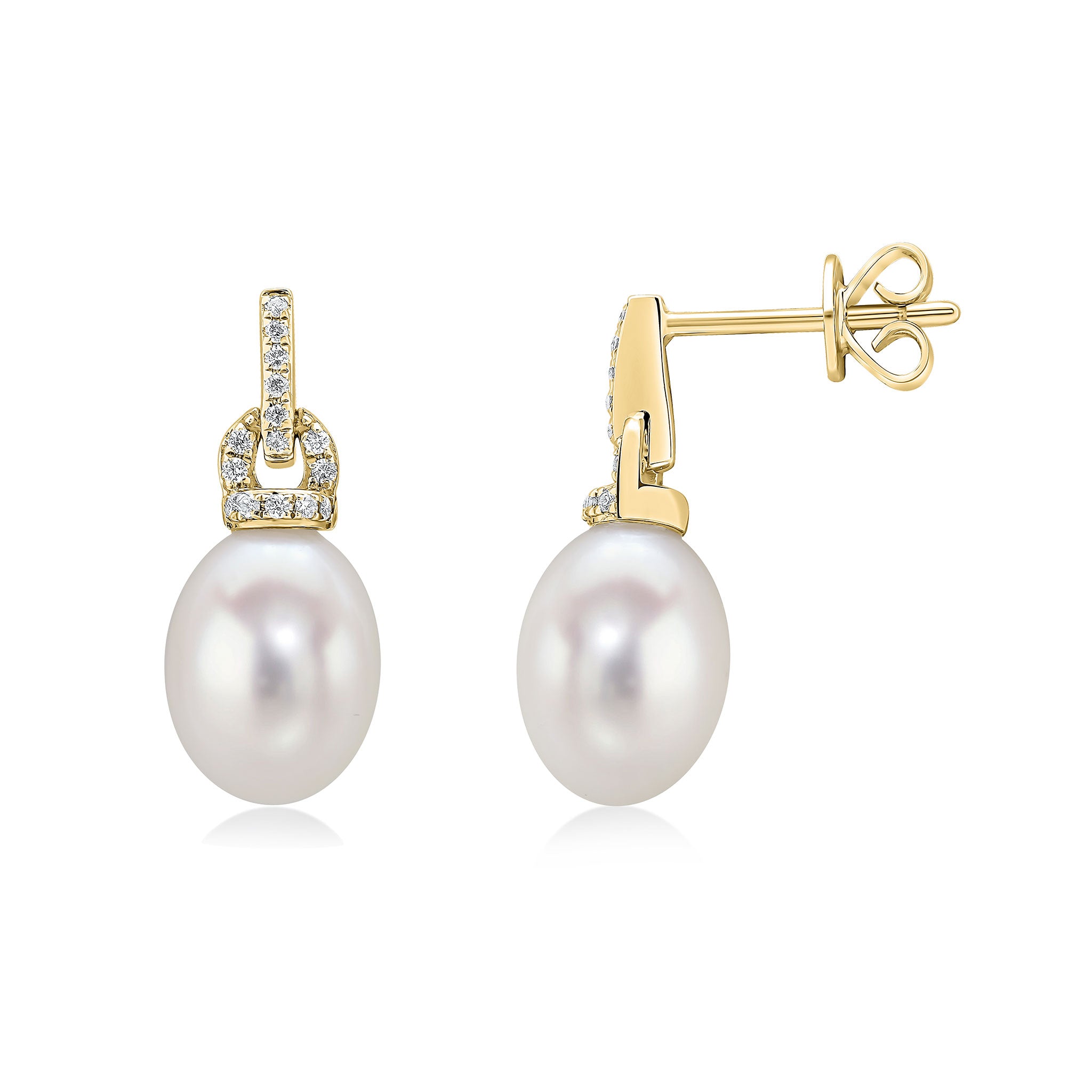 18ct Yellow Gold Freshwater Cultured Pearl and Diamond Bar and Loop Top Drop Earrings