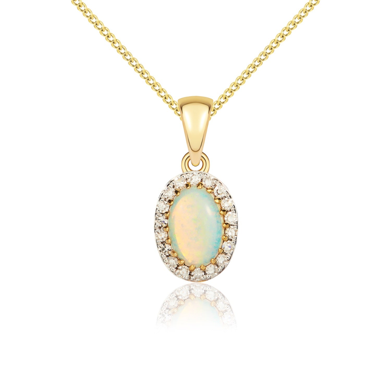 9ct Yellow Gold Oval Opal and Diamond Claw Cluster Pendant
