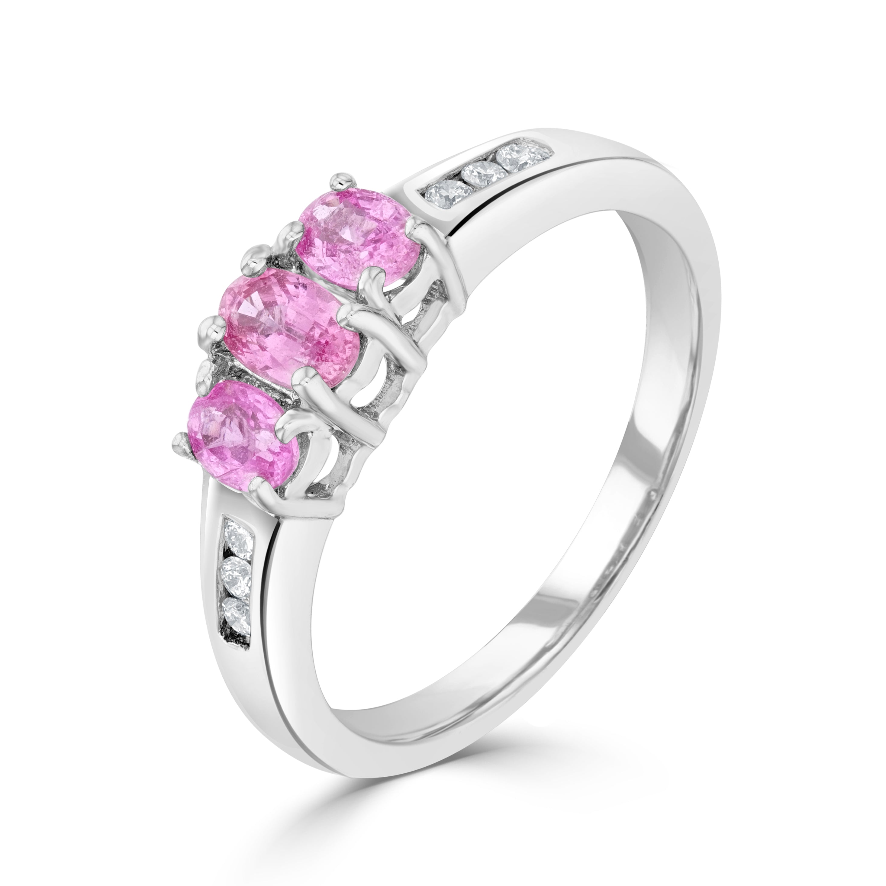 9CT WG OVAL PINK SAPPHIRE 3ST RING WITH CHANNEL SET DIAMOND SHOULDERS 1