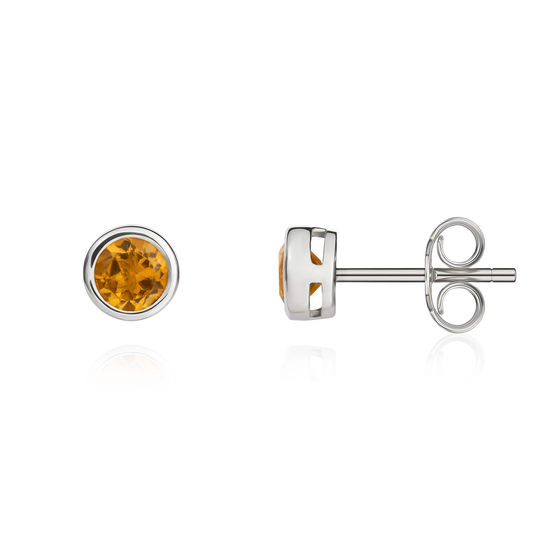 9ct White Gold 4mm Round Citrine Rubover Stud Earrings