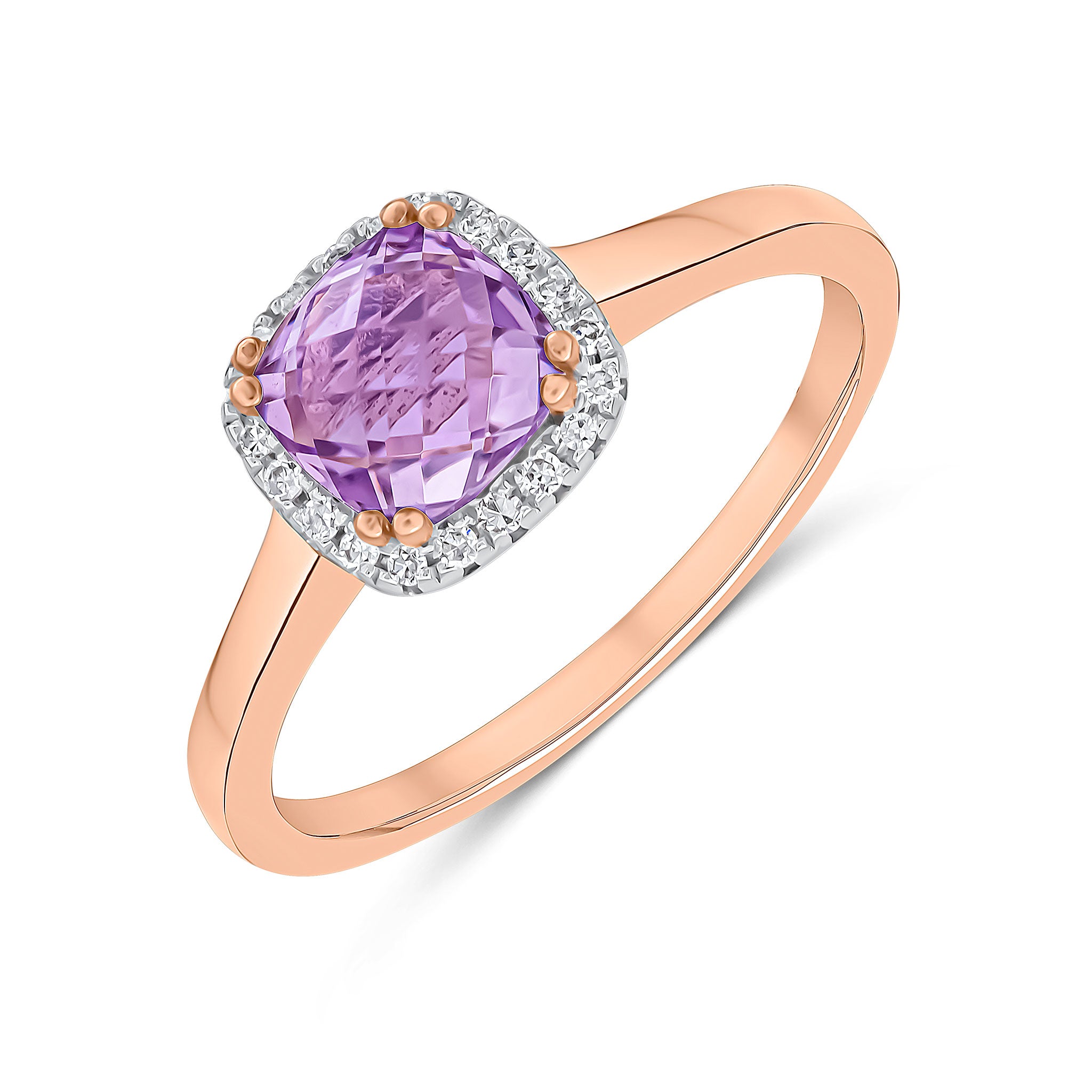 9CT RG 6MM CHECKERBOARD CUT CUSHION PINK AMETHYST & DIAMOND CLAW SET CLUSTER RING 1