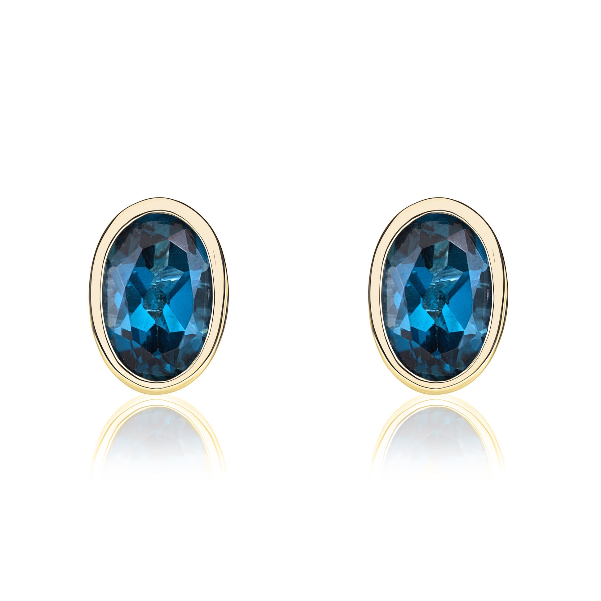 9ct yellow gold 6 x 4 mm oval London Blue Topaz rubover Stud Earrings