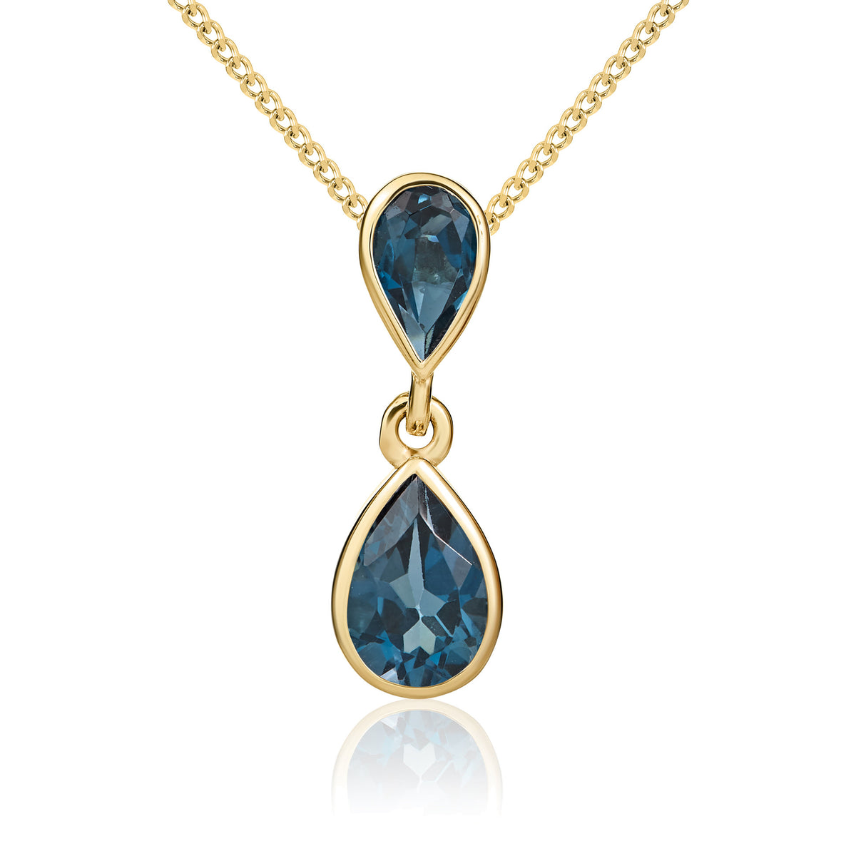9ct Yellow Gold Pear Shape London Blue Topaz Rubover 2 Stone Drop Pendant