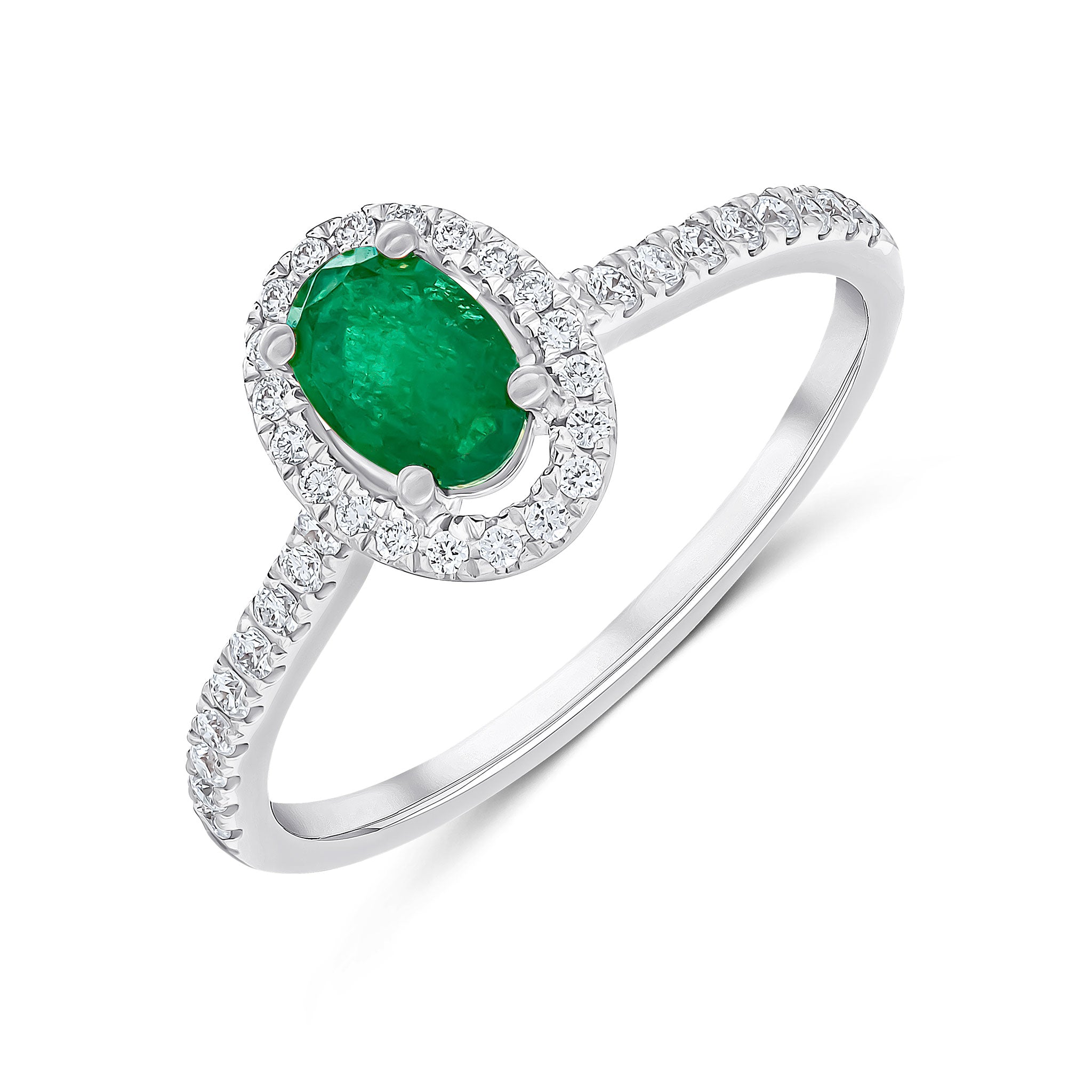 18ct White Gold 6x4 Oval Emerald & Diamond Halo Cluster Ring Stones On Shoulder