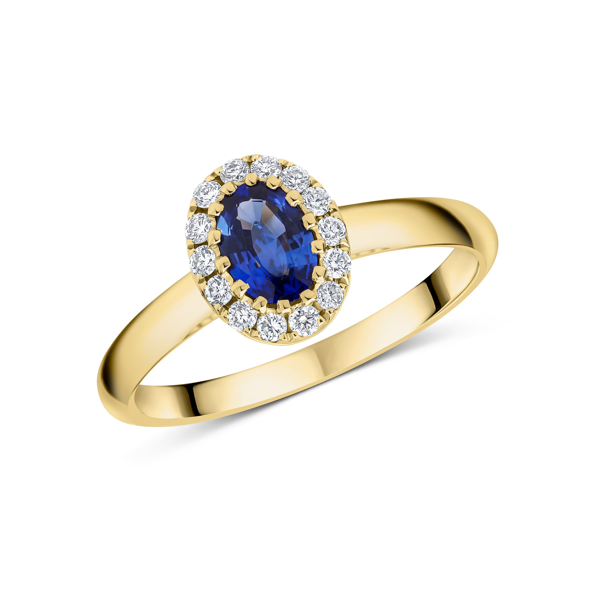 18ct Yellow Gold 6x4 Oval Sapphire & Diamond Claw Set Cluster Ring