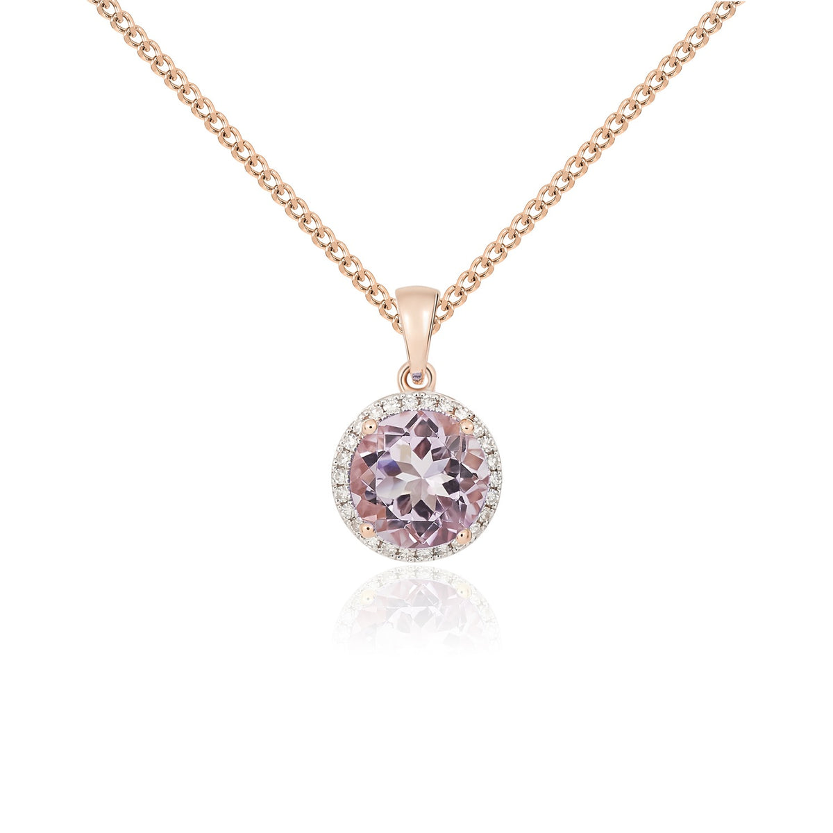 9ct Rose Gold 8mm Round Pink Amethyst and Diamond Claw Cluster Pendant