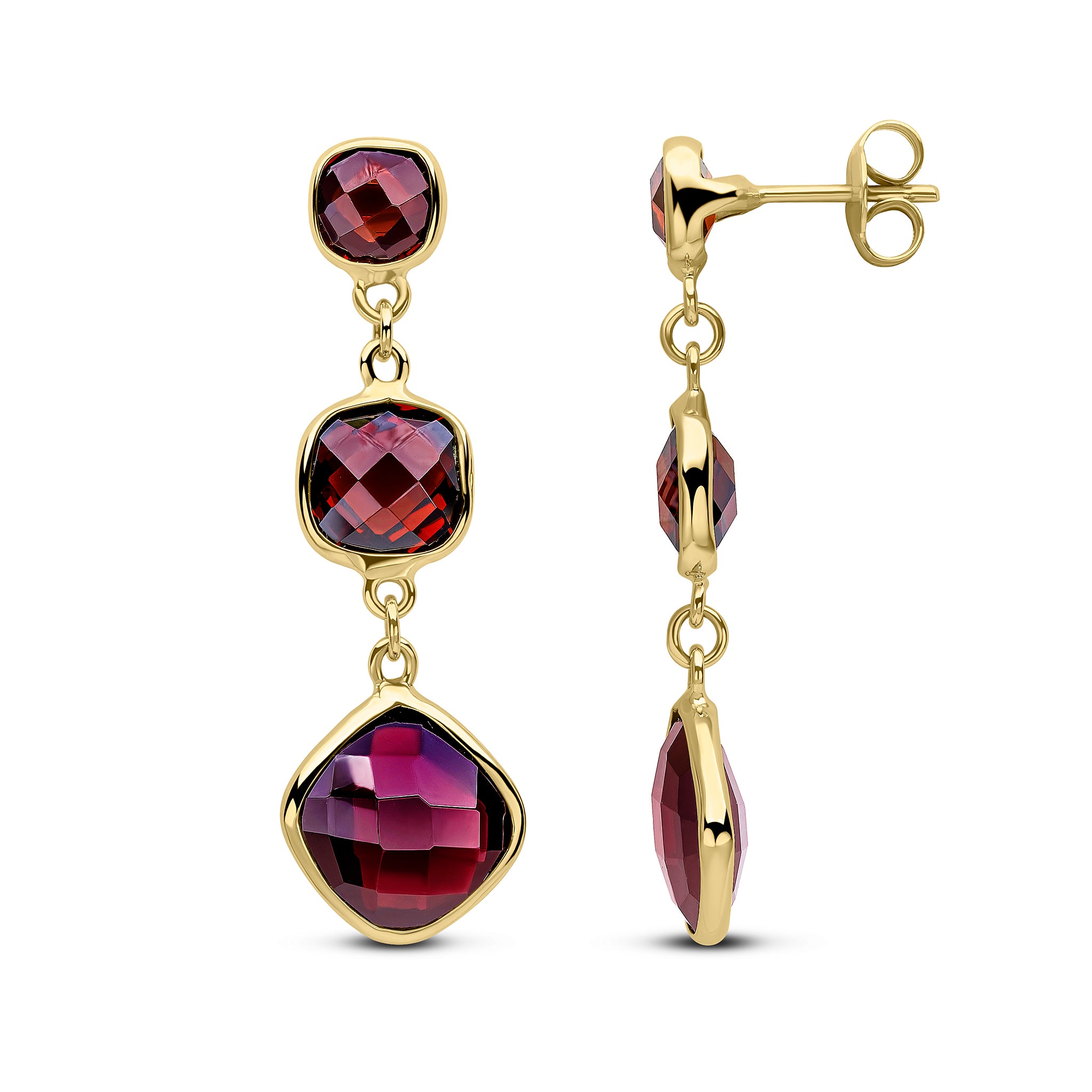 9ct yellow gold Checkerboaround Cushion garnet 3 stone Drop Earrings