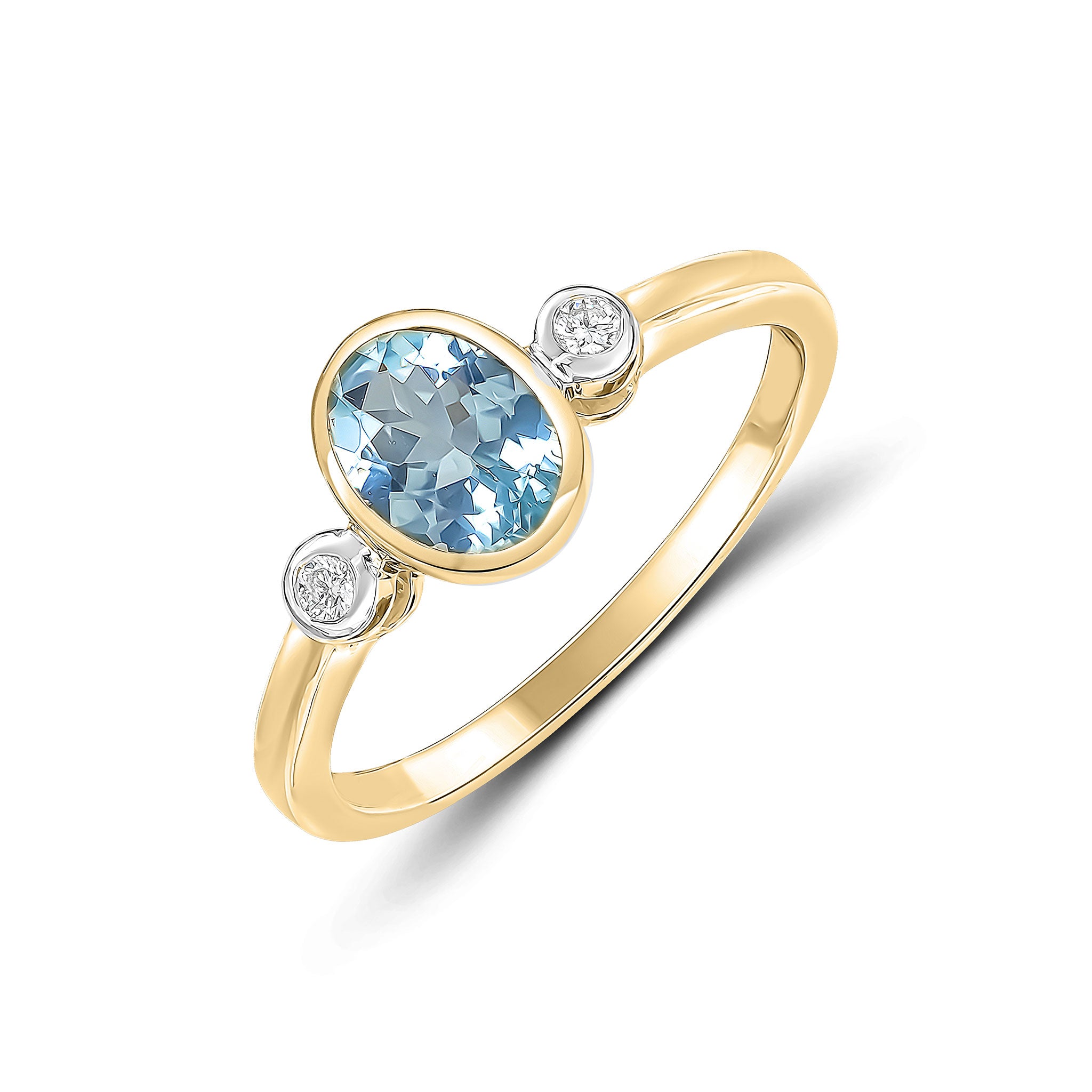 9ct Yellow Gold 7x5 Oval Aquamarine and Round Diamond 3 Stone Rubover Ring Rhodium to Diamonds