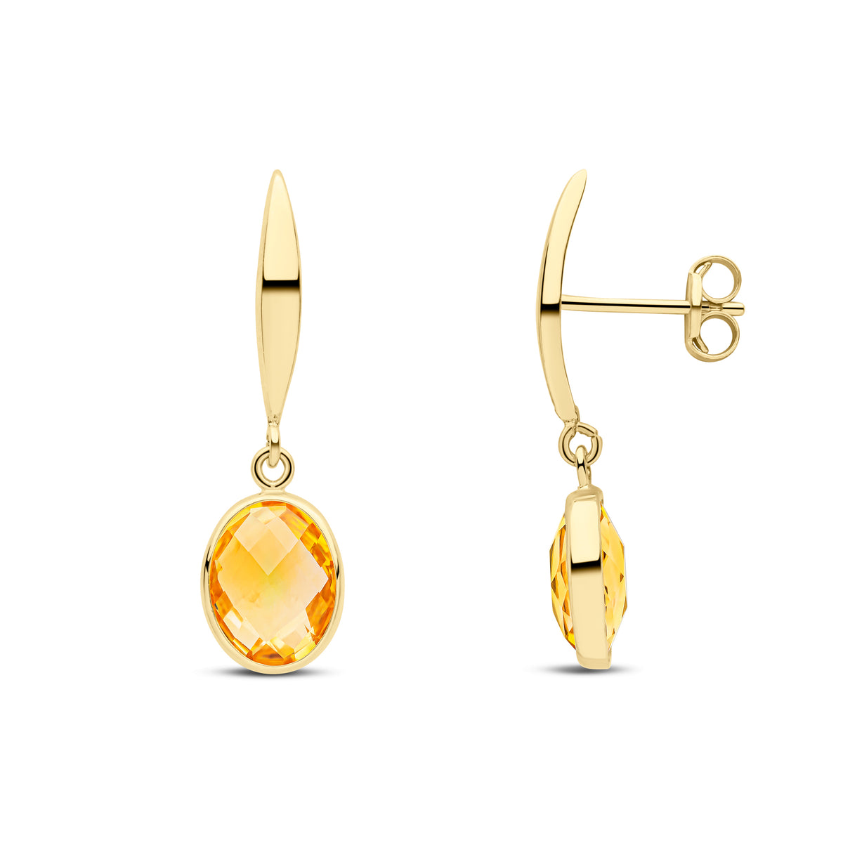9ct Yellow Gold Polished Marquise Bar Top with Checkerboard Cut Oval Citrine Drop Earrings