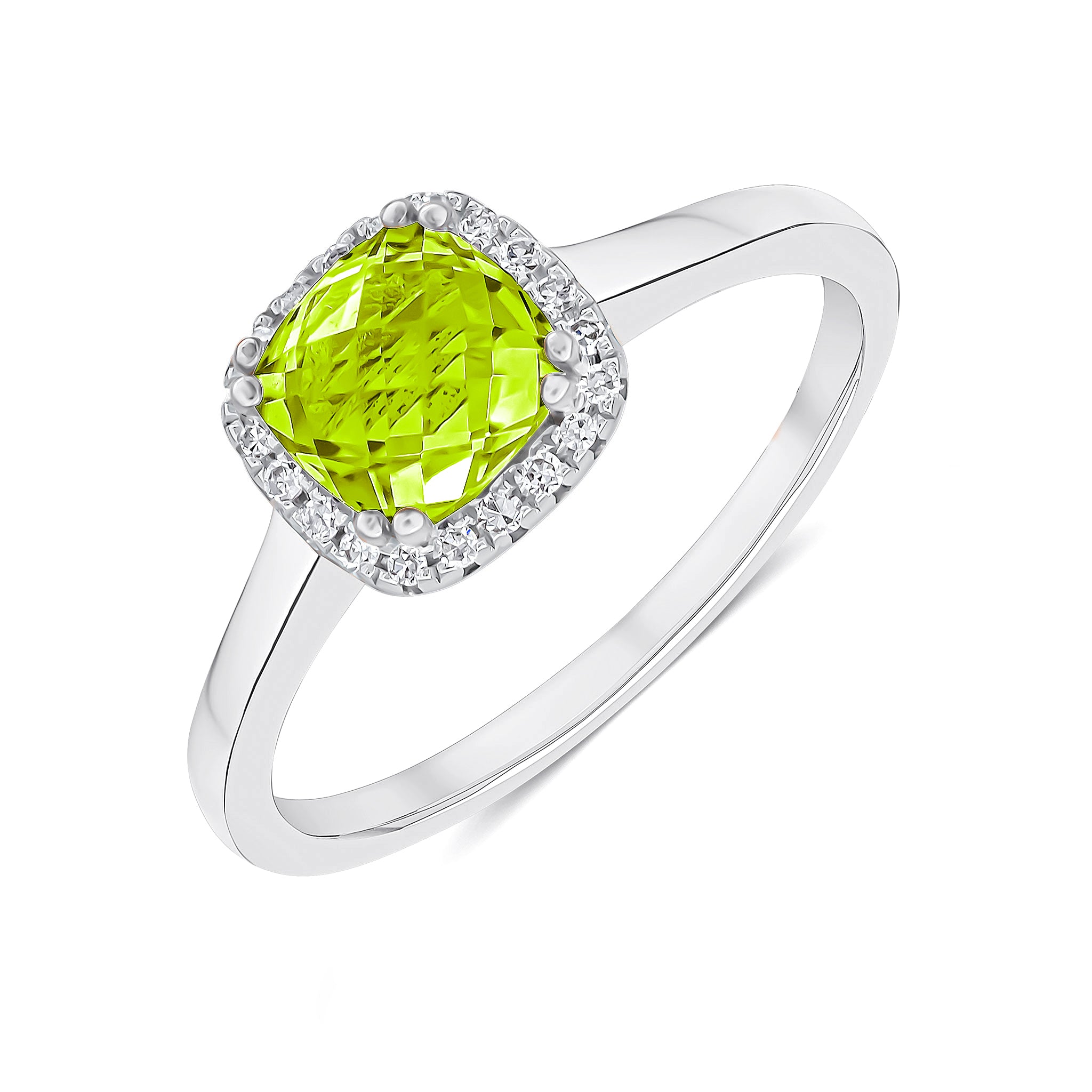9CT WG 6MM CHECKERBOARD CUT CUSHION PERIDOT AND ROUND DIAMOND CLAW SET CLUSTER RING 1