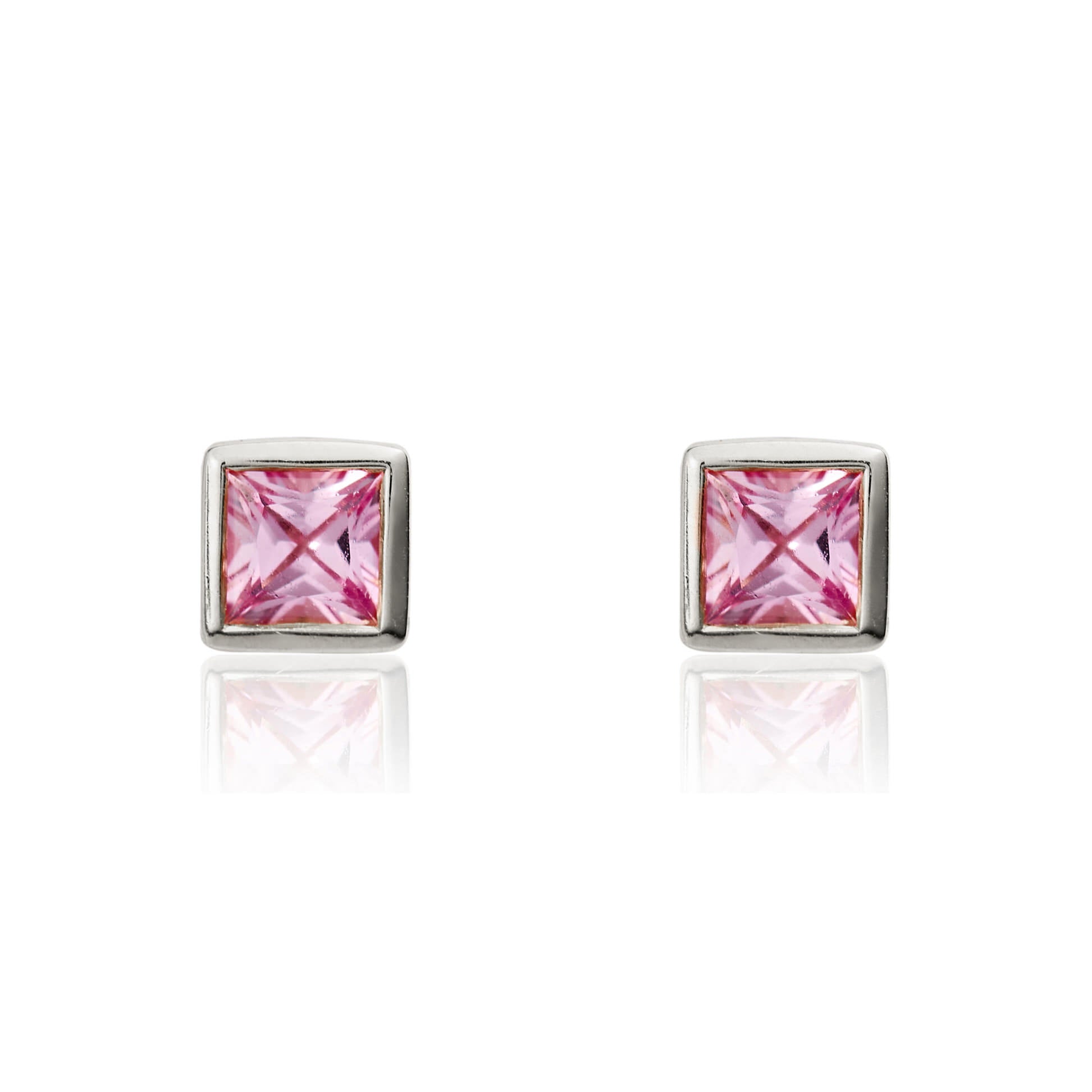 9ct White Gold 3mm Square Pink Sapphire Rubover Set Earrings