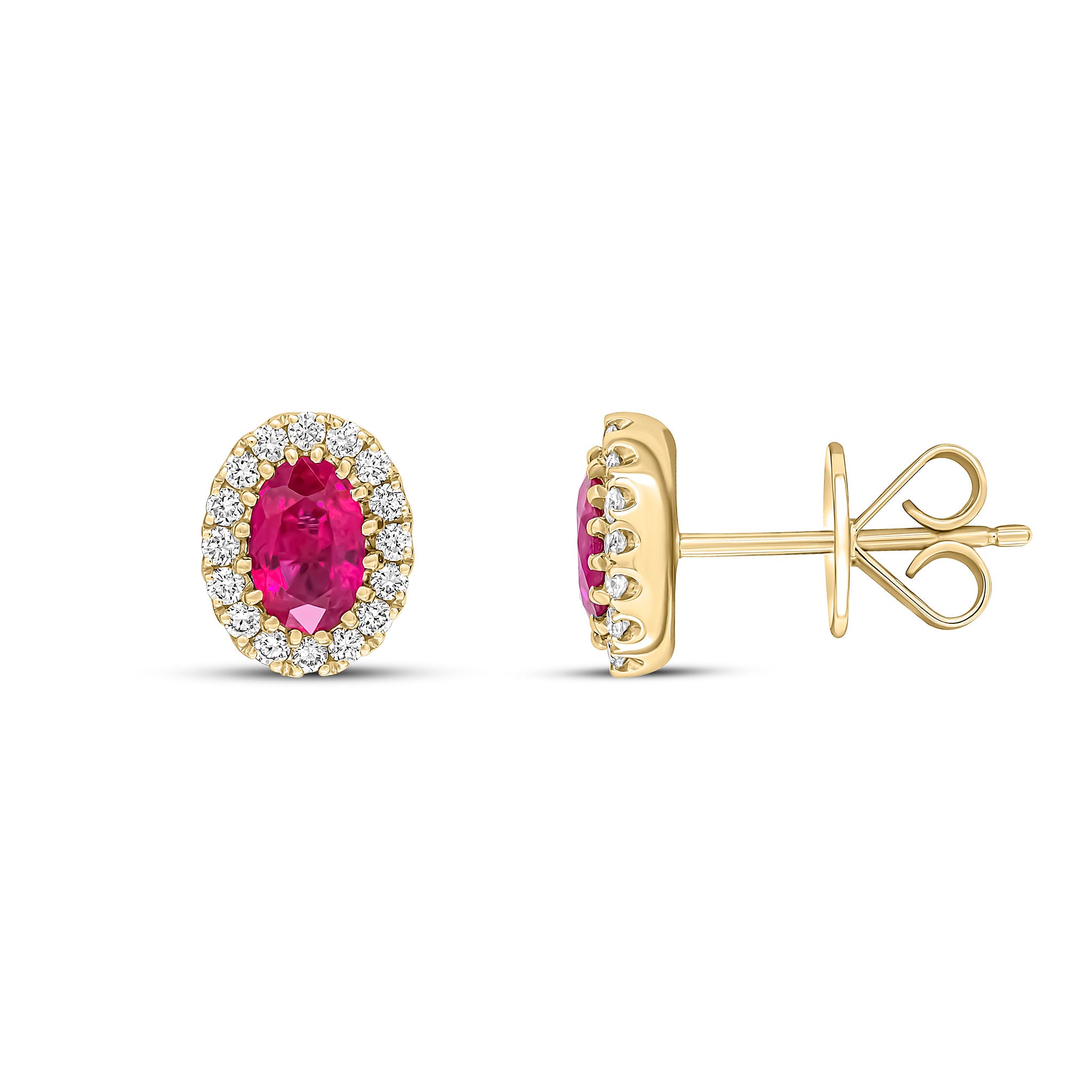 18ct Yellow Gold 6x4 Oval Ruby and Round Diamond Claw Cluster Earrings