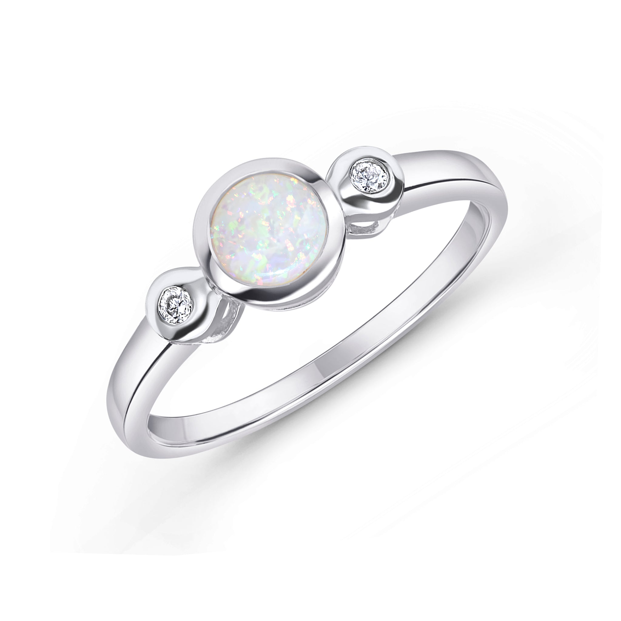 9CT WG 5MM ROUND OPAL AND DIAMOND RUBOVER 3ST RING 1
