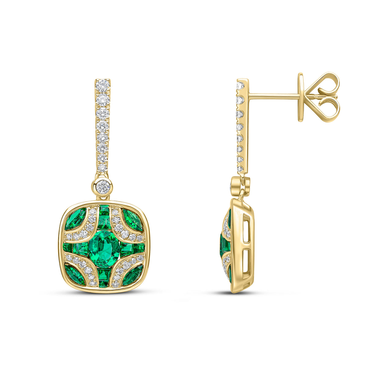 18ct Yellow Gold Emerald and Diamond Shield & Diamond Line Top Drop Earrings