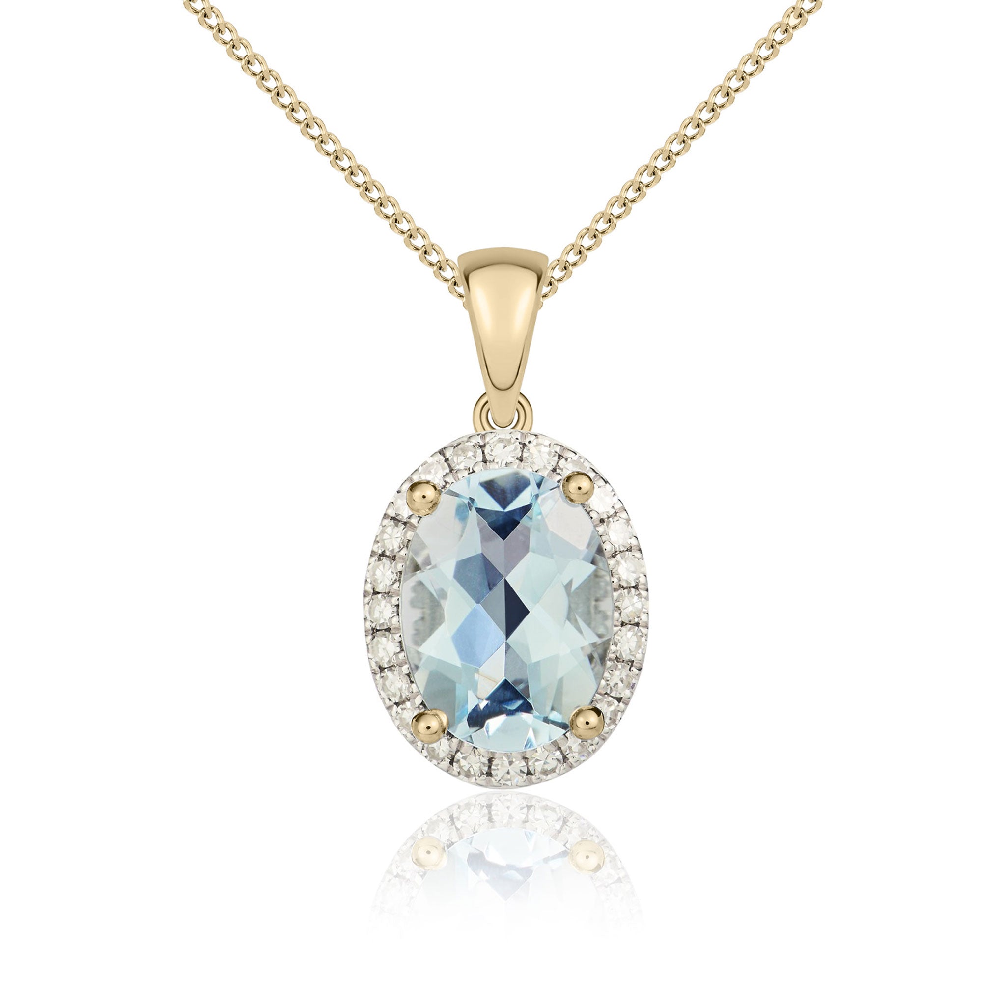 9ct Yellow Gold 8x6mm Oval Aquamarine & Diamond Claw Set Cluster Pendant Rhodium to Diamonds