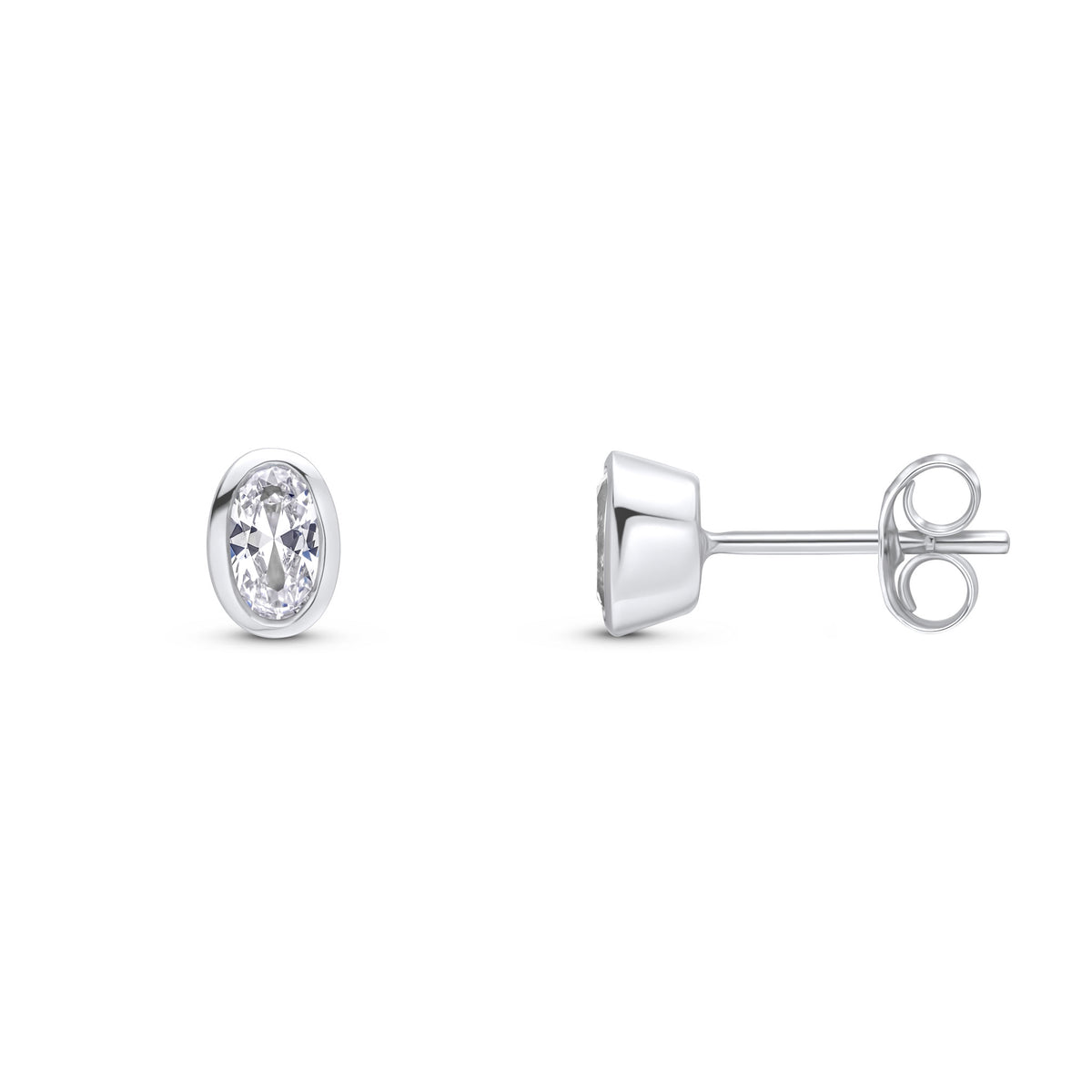 9ct White Gold 5x3 Oval CZ Rubover Earrings