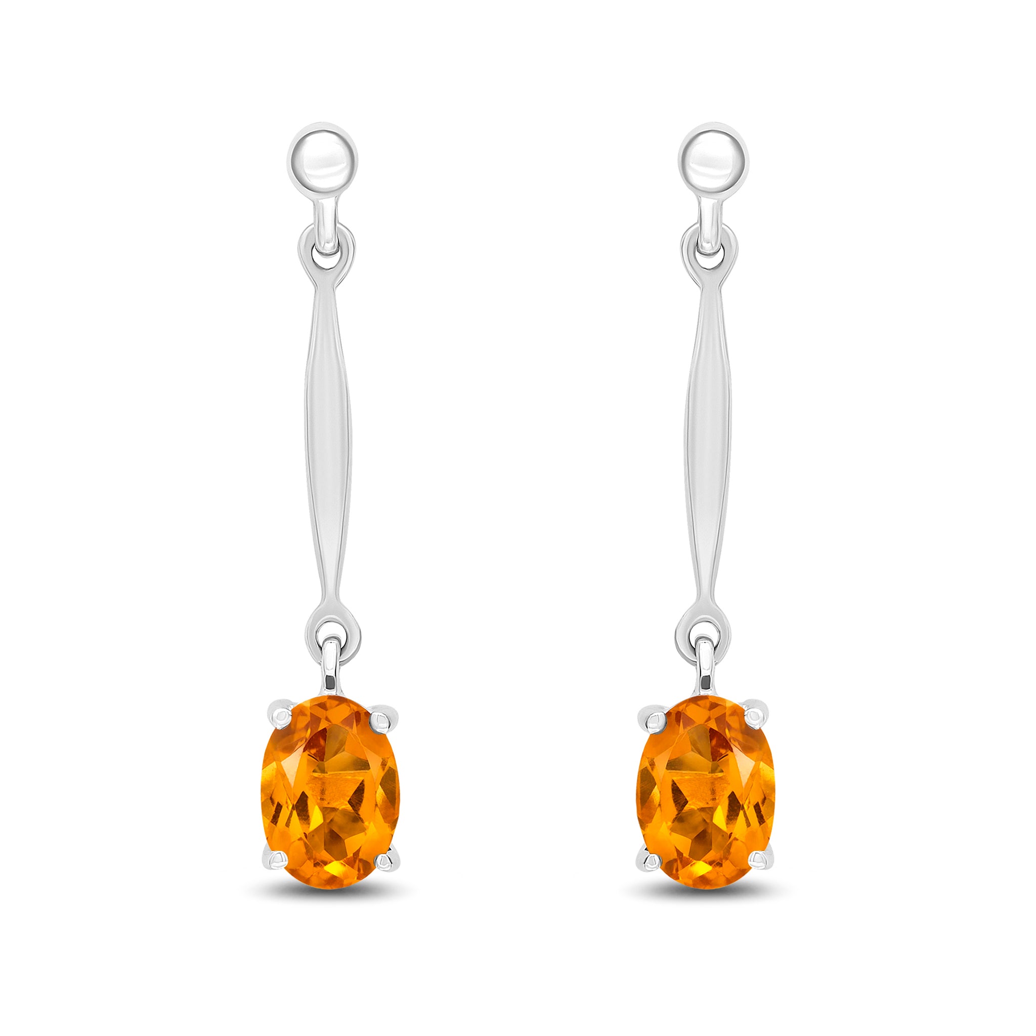 9ct White Gold 7x5mm Oval Citrine and Bar Drop Earrings with Bead Top